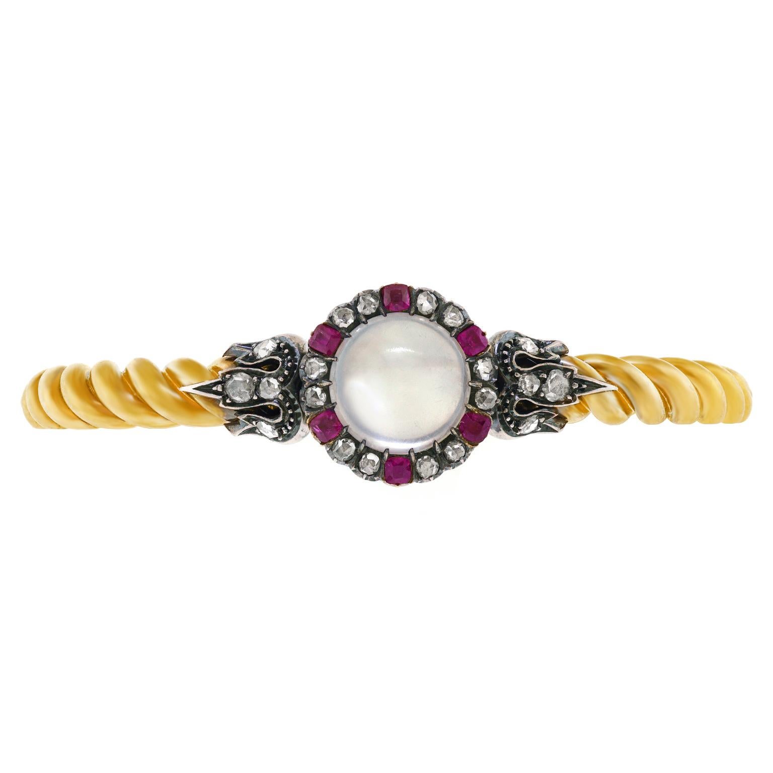Moonstone, Ruby and Diamond Bracelet 18k c1870s France In Excellent Condition For Sale In Litchfield, CT