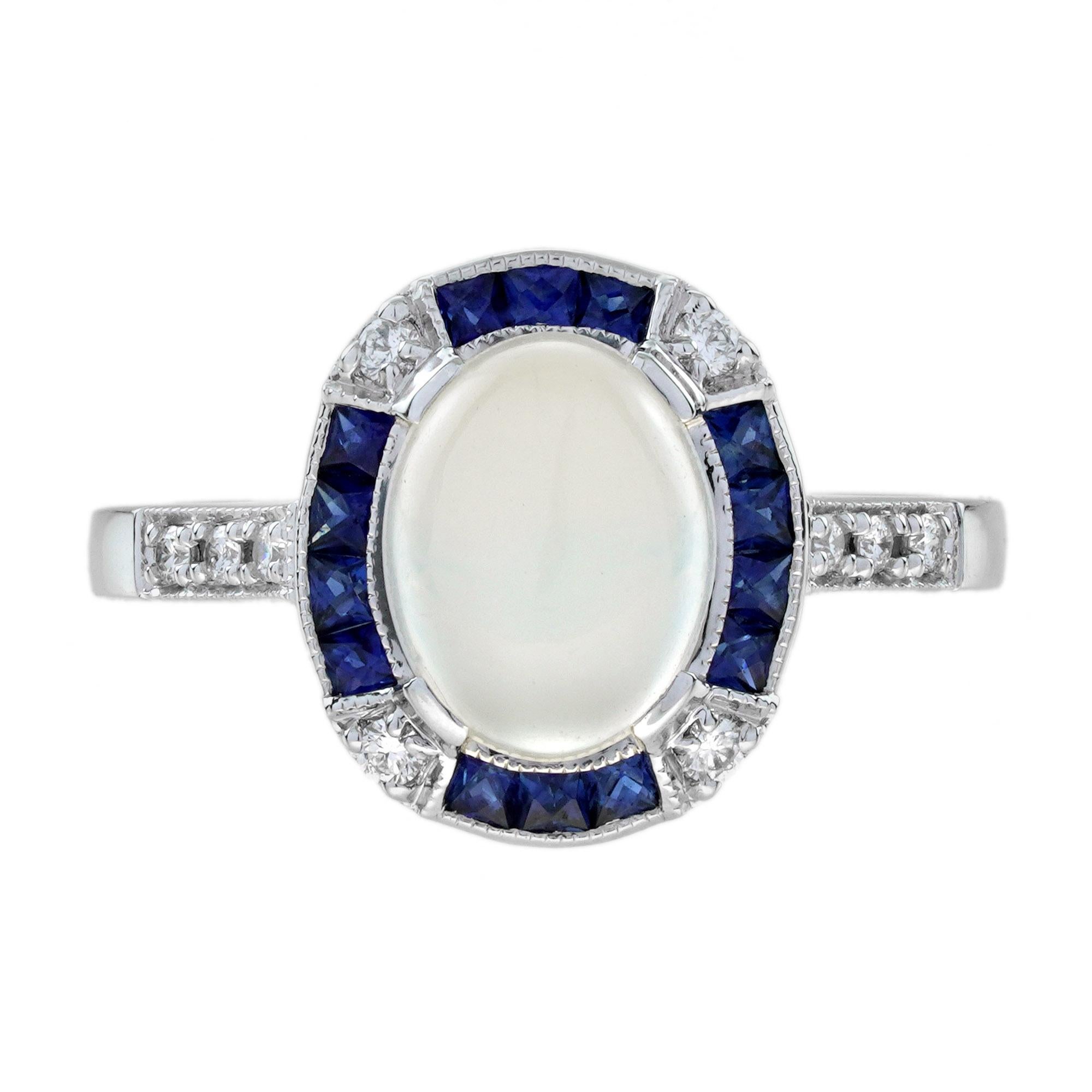 Mondstein Saphir und Diamant Art Deco Stil Halo Ring in 14K Weißgold