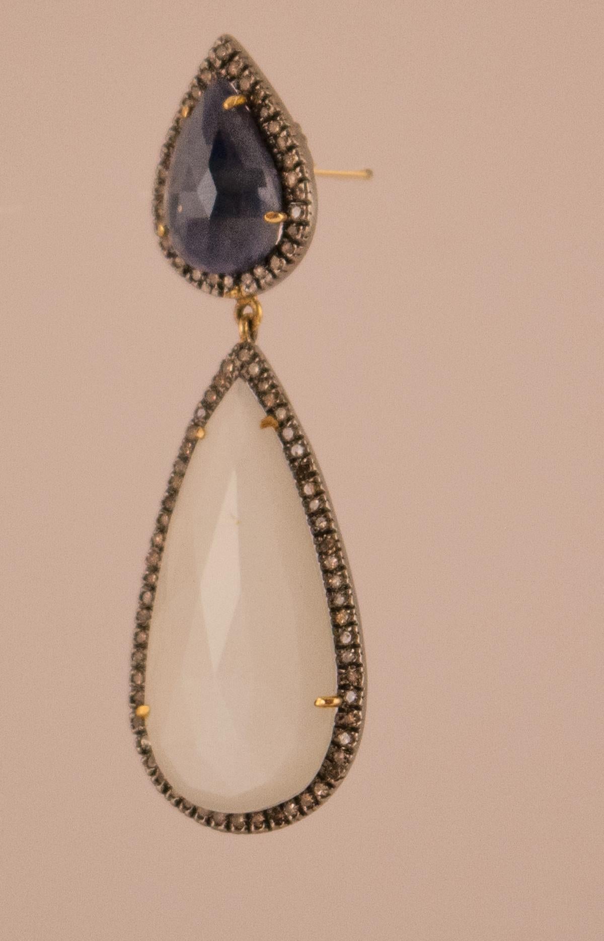 Contemporary Moonstone Sapphire Diamond Dangle Earrings