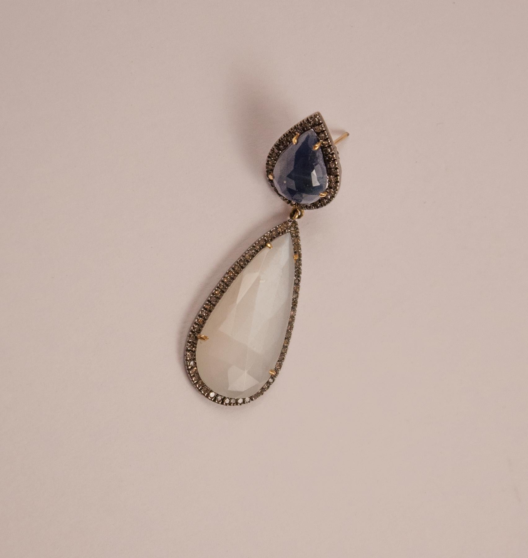 Moonstone Sapphire Diamond Dangle Earrings In New Condition In Heath, MA