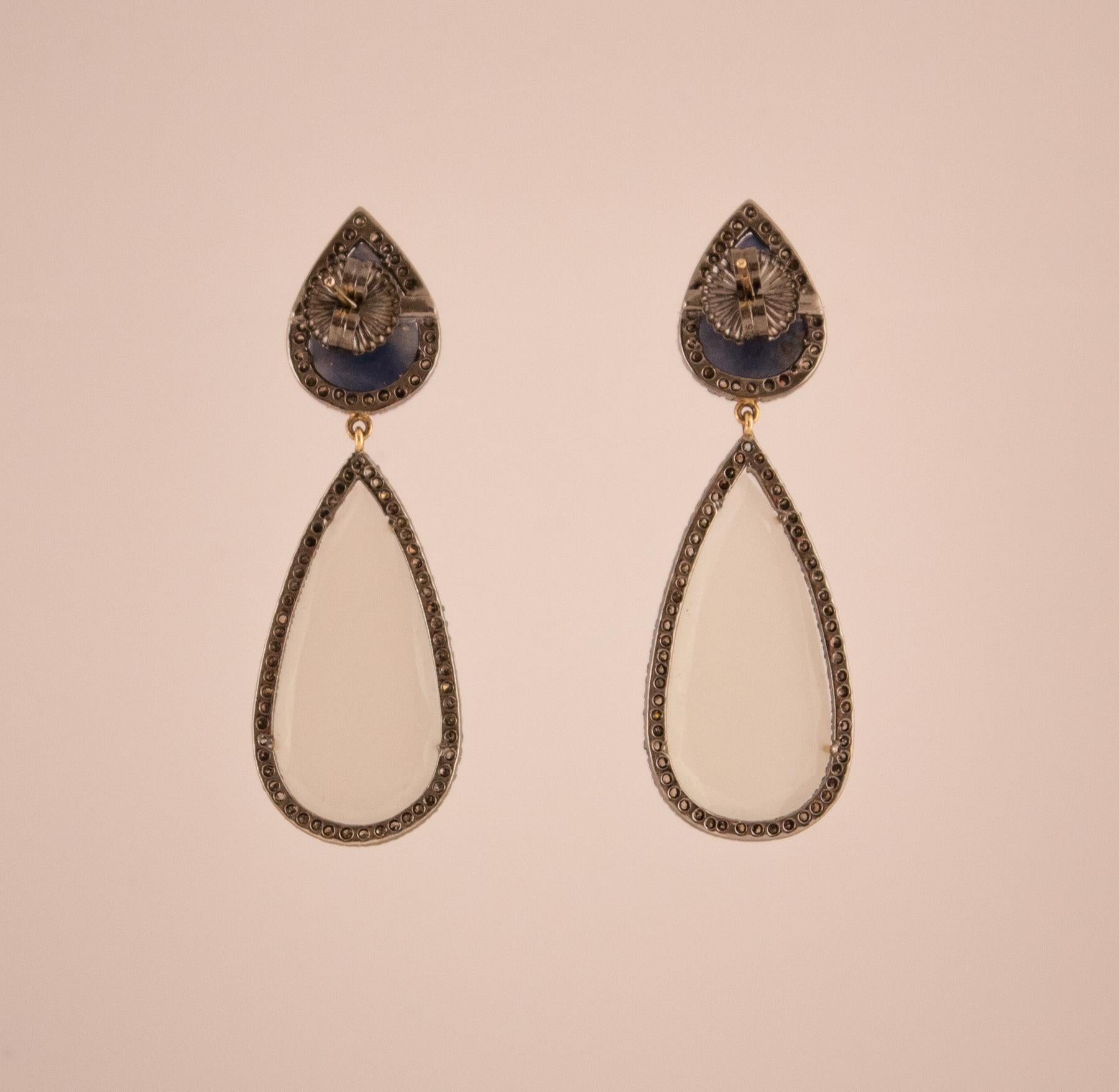 Women's or Men's Moonstone Sapphire Diamond Dangle Earrings