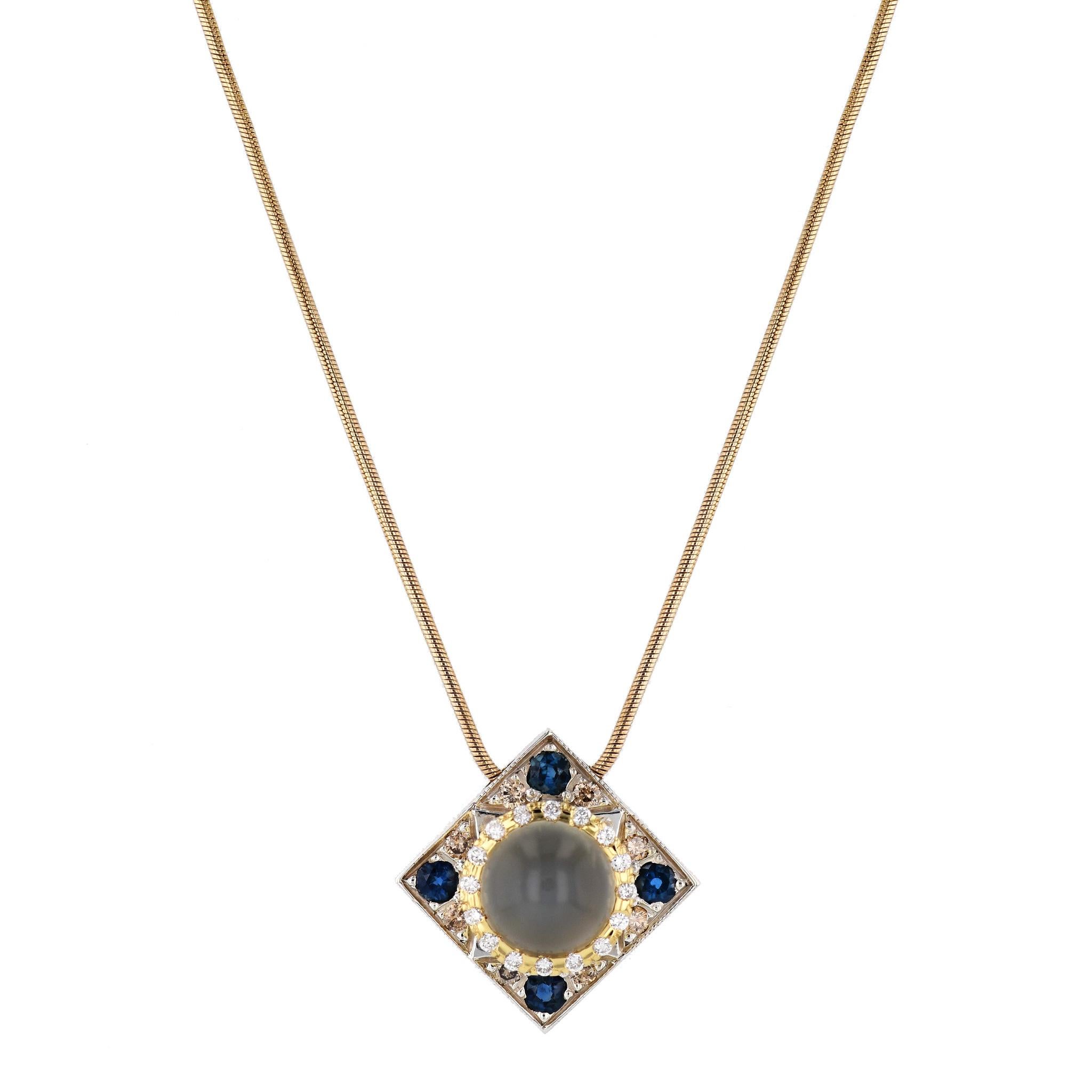 Round Cut Moonstone Sapphire Diamond Estate Pendant Necklace For Sale
