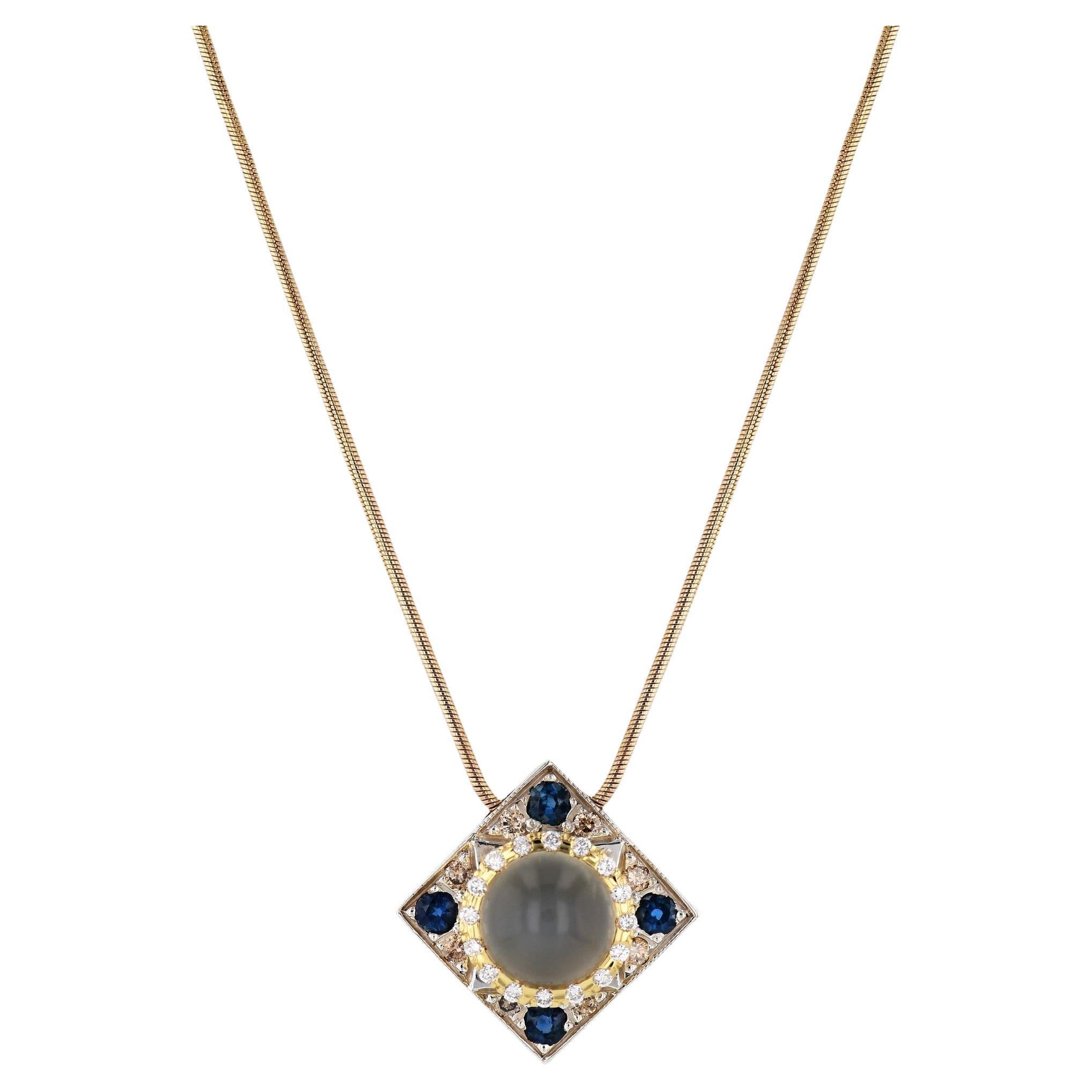 Moonstone Sapphire Diamond Estate Pendant Necklace