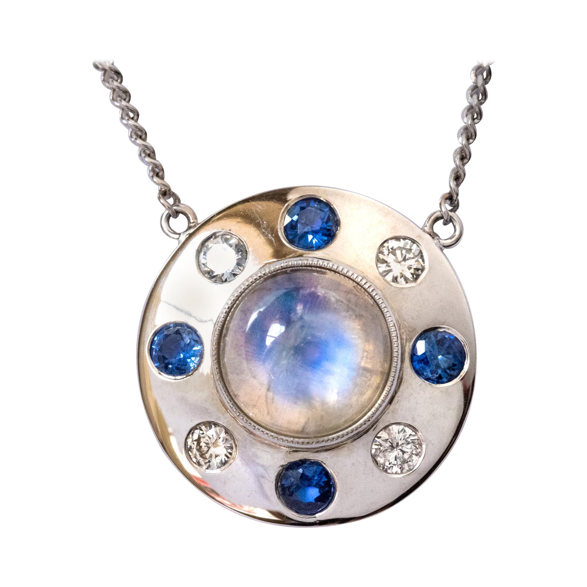 Moonstone Sapphires Diamonds 18 Karat White Gold Necklace For Sale