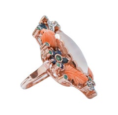 Moonstone, Sapphires, Emeralds, Diamonds, Rose Gold and Silver Ring.