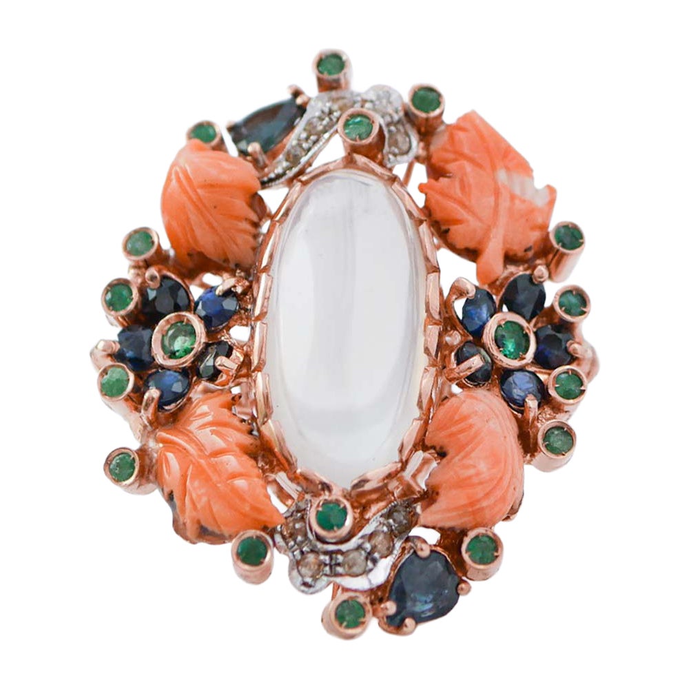 Moonstone, Sapphires, Emeralds, Diamonds, Rose Gold and Silver Ring. For Sale