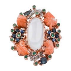 Moonstone, Sapphires, Emeralds, Diamonds, Rose Gold and Silver Ring.