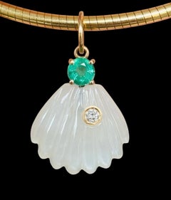 Moonstone Shell Pendant with Emerald, Diamond & 14k Gold