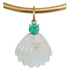 Moonstone Shell Pendant with Emerald, Diamond & 14k Gold
