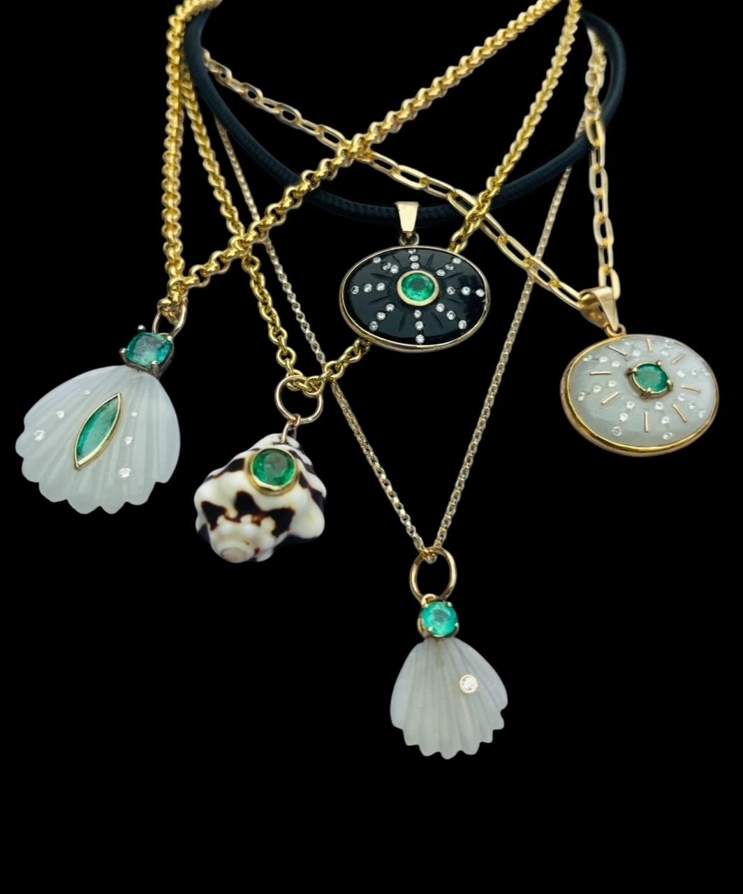 Moonstone Shell Pendant with Emeralds, Diamonds & 14k Gold For Sale 5