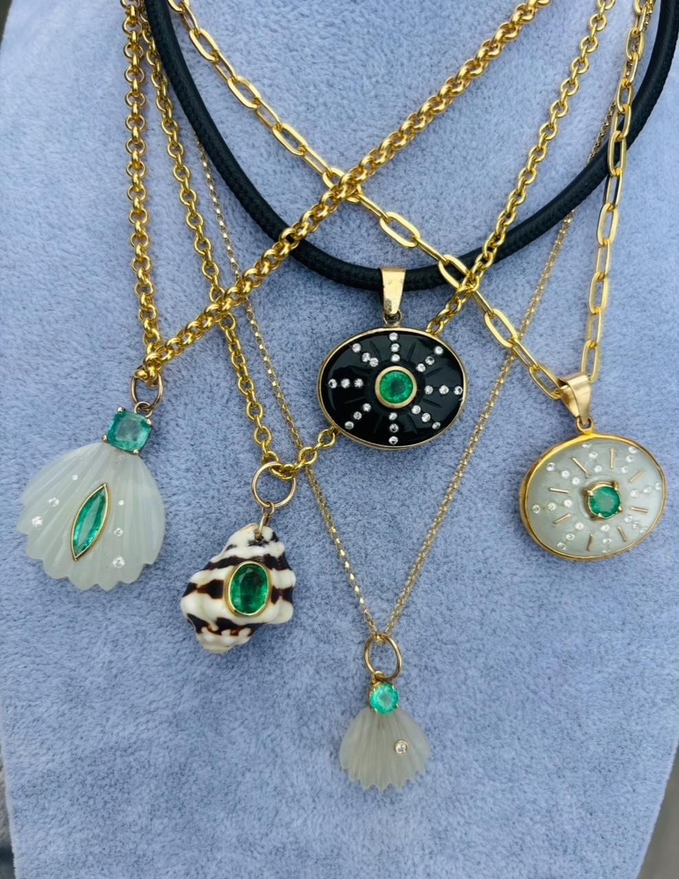 Moonstone Shell Pendant with Emeralds, Diamonds & 14k Gold For Sale 3