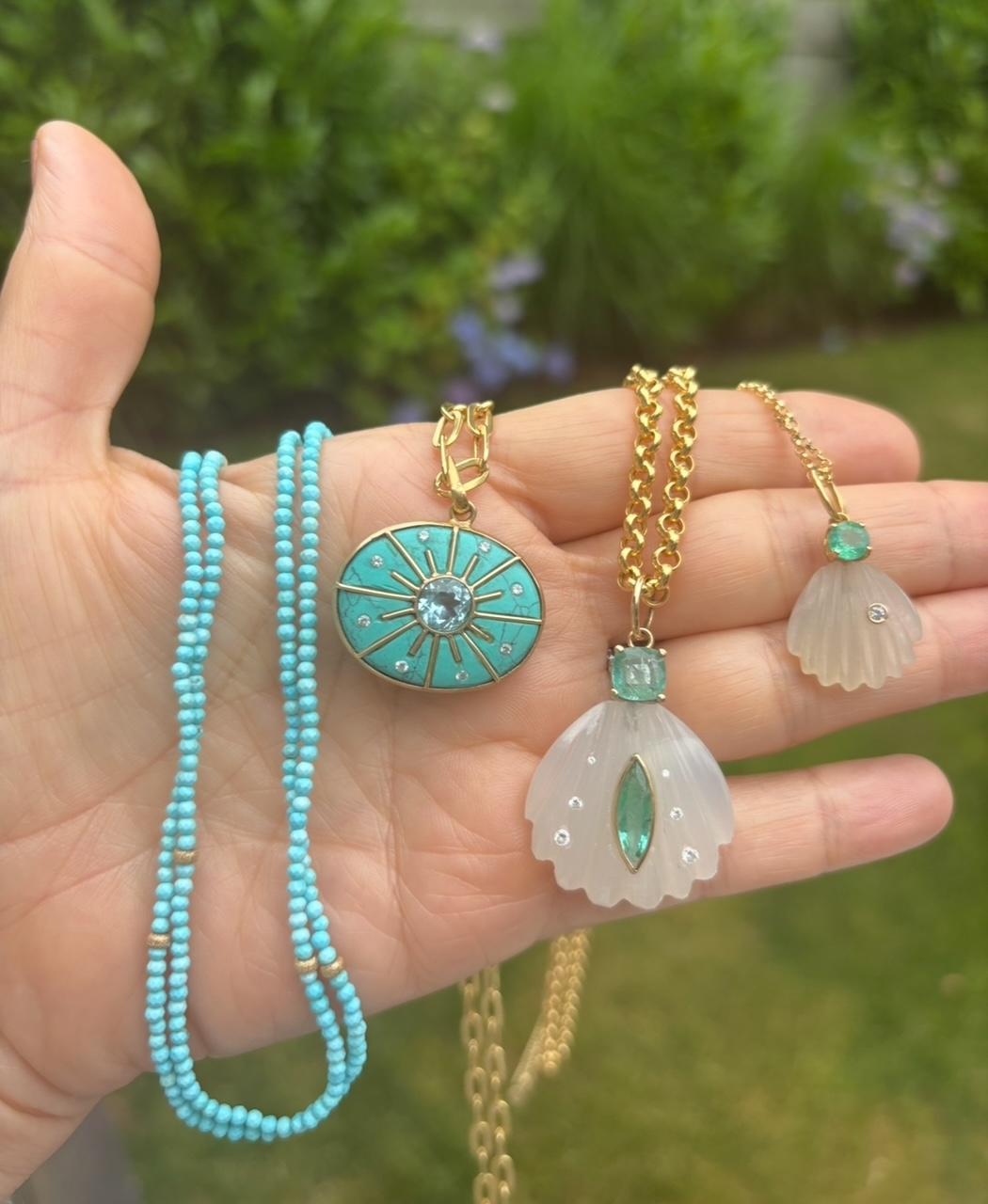 Moonstone Shell Pendant with Emeralds, Diamonds & 14k Gold For Sale 4