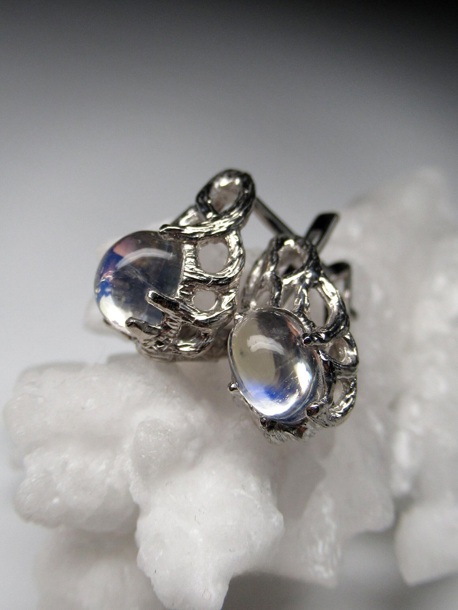 Mondstein Silber Ohrringe Art Noveau Hochwertige Natürliche Blaue Edelstein im Angebot 1
