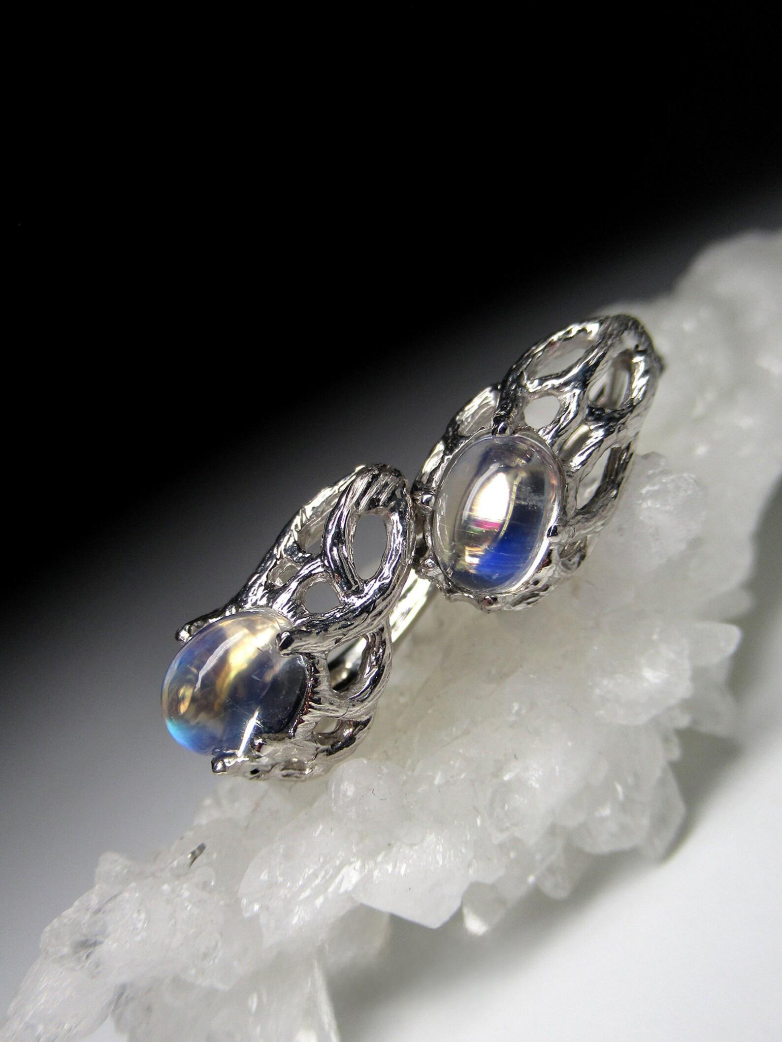 Mondstein Silber Ohrringe Art Noveau Hochwertige Natürliche Blaue Edelstein im Angebot 2