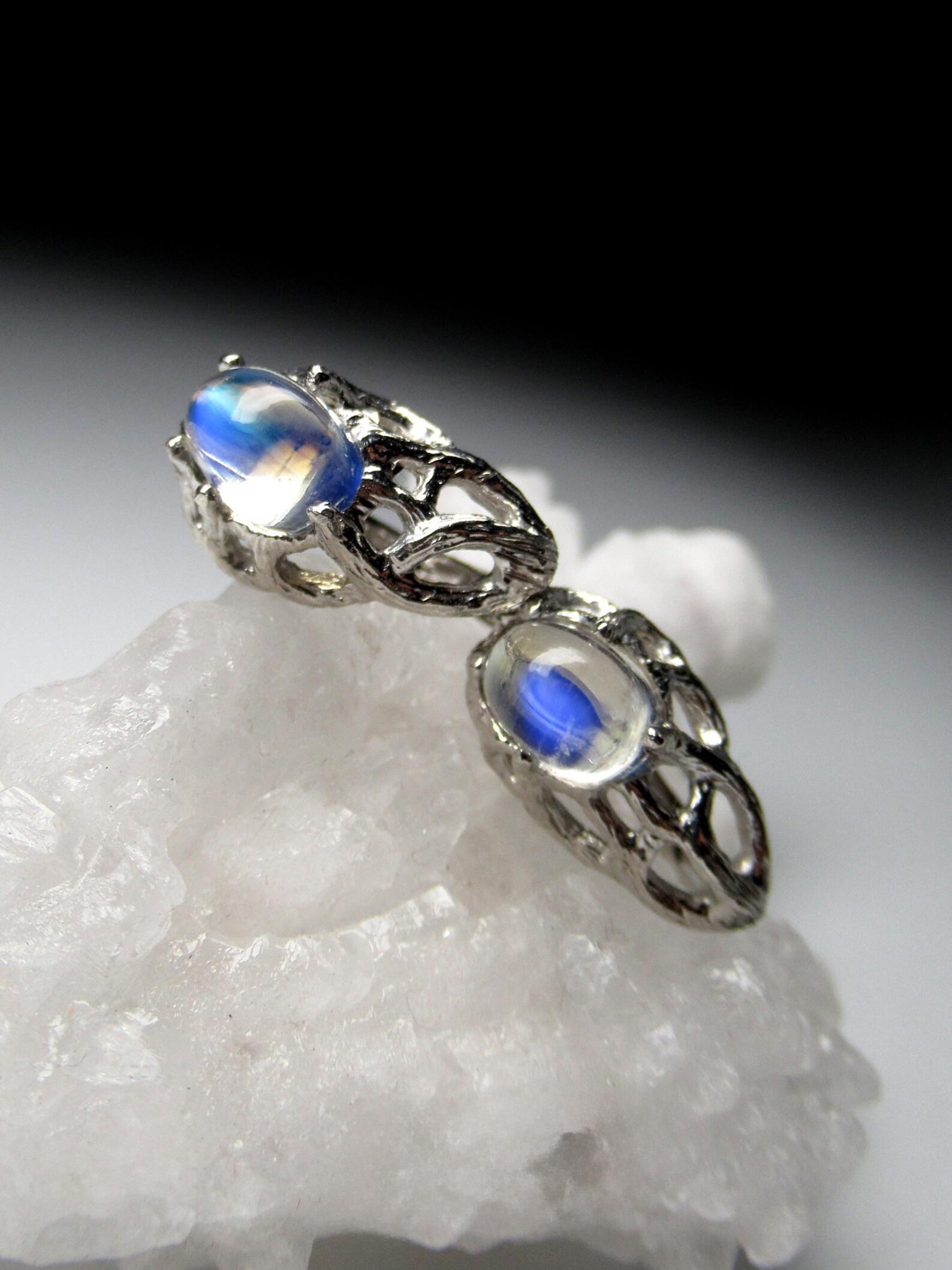 Mondstein Silber Ohrringe Art Noveau Hochwertige Natürliche Blaue Edelstein im Angebot 3