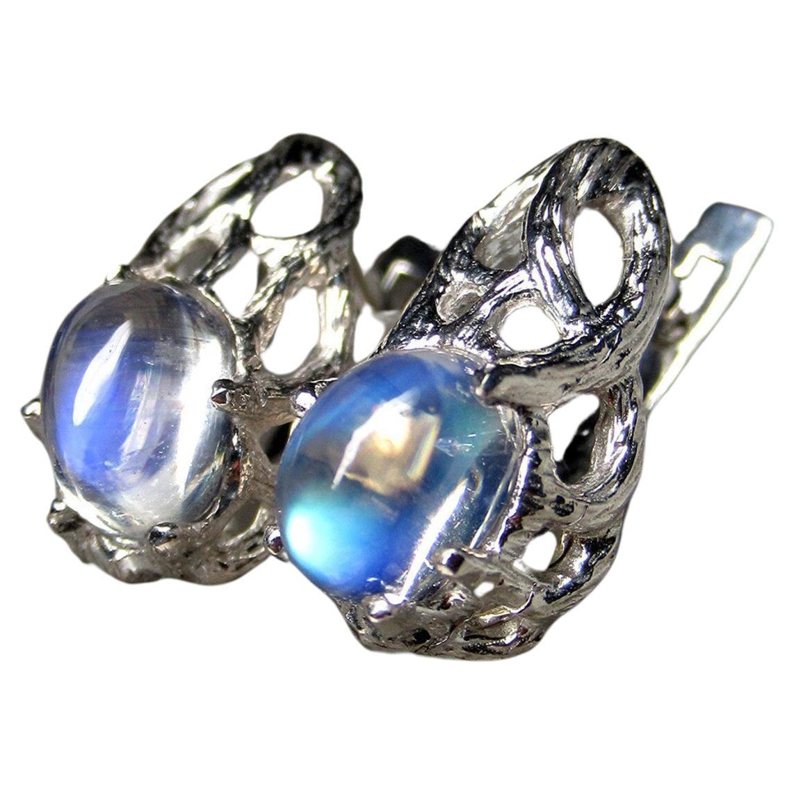Mondstein Silber Ohrringe Art Noveau Hochwertige Natürliche Blaue Edelstein im Angebot