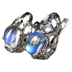 Used Moonstone Silver Earrings Art Noveau High Quality Natural Blue Gemstone