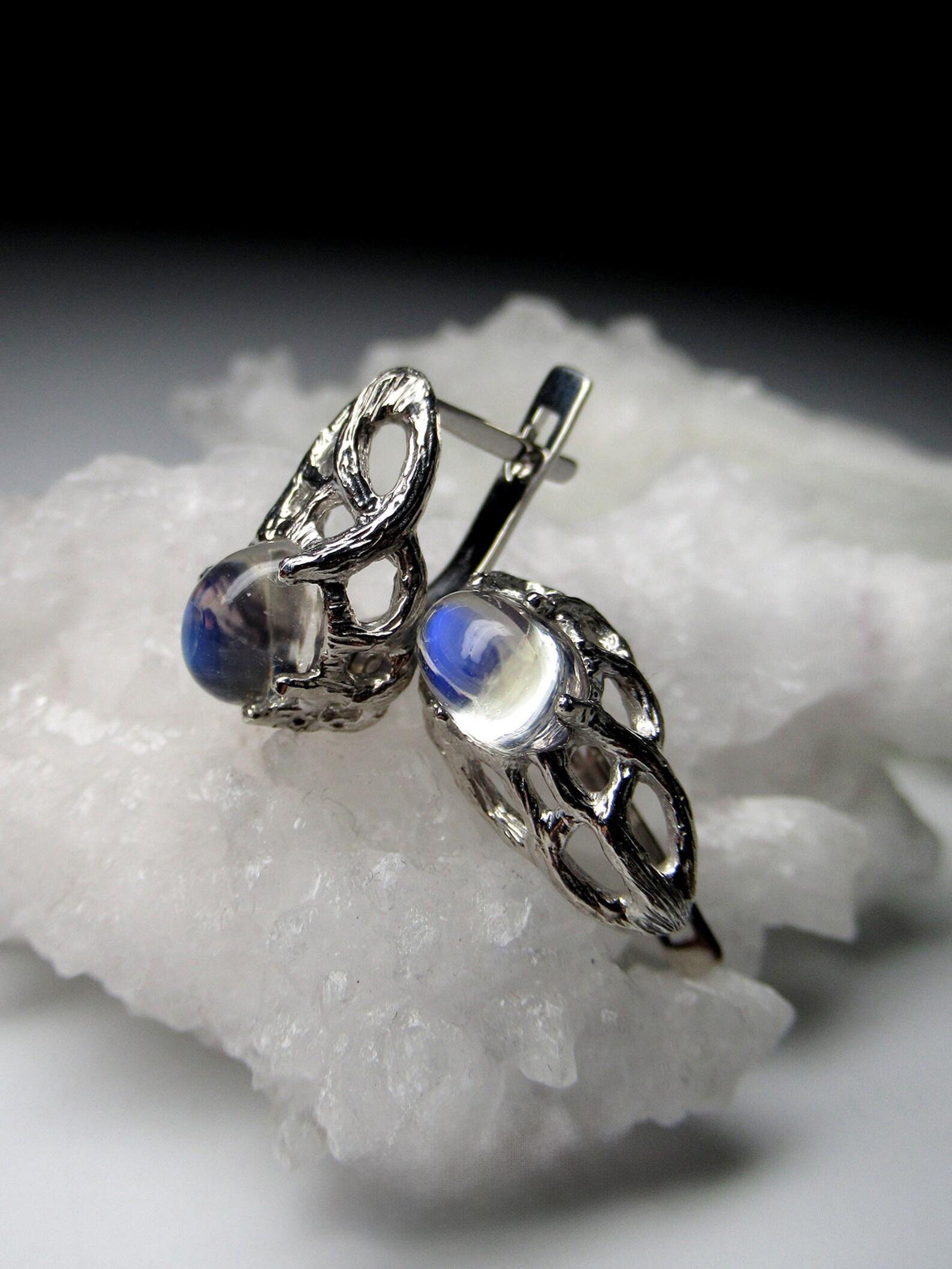 Women's or Men's Moonstone Silver Earrings Art Noveau style Natural Blue Gem gift wedding studs