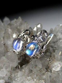 Moonstone Silver Earrings Art Noveau style Natural Blue Gem wife gift wedding