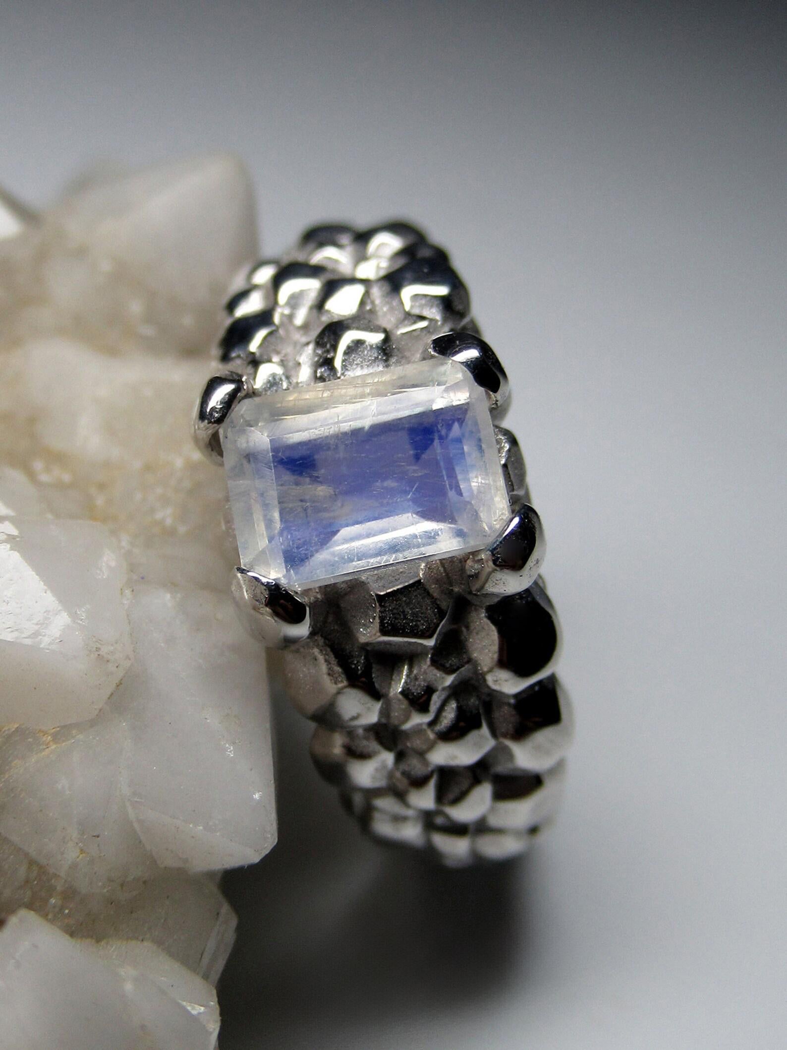 Emerald Cut Moonstone Silver Ring Blue Natural Gemstone Unisex Jewelry LOTR Style gift For Sale