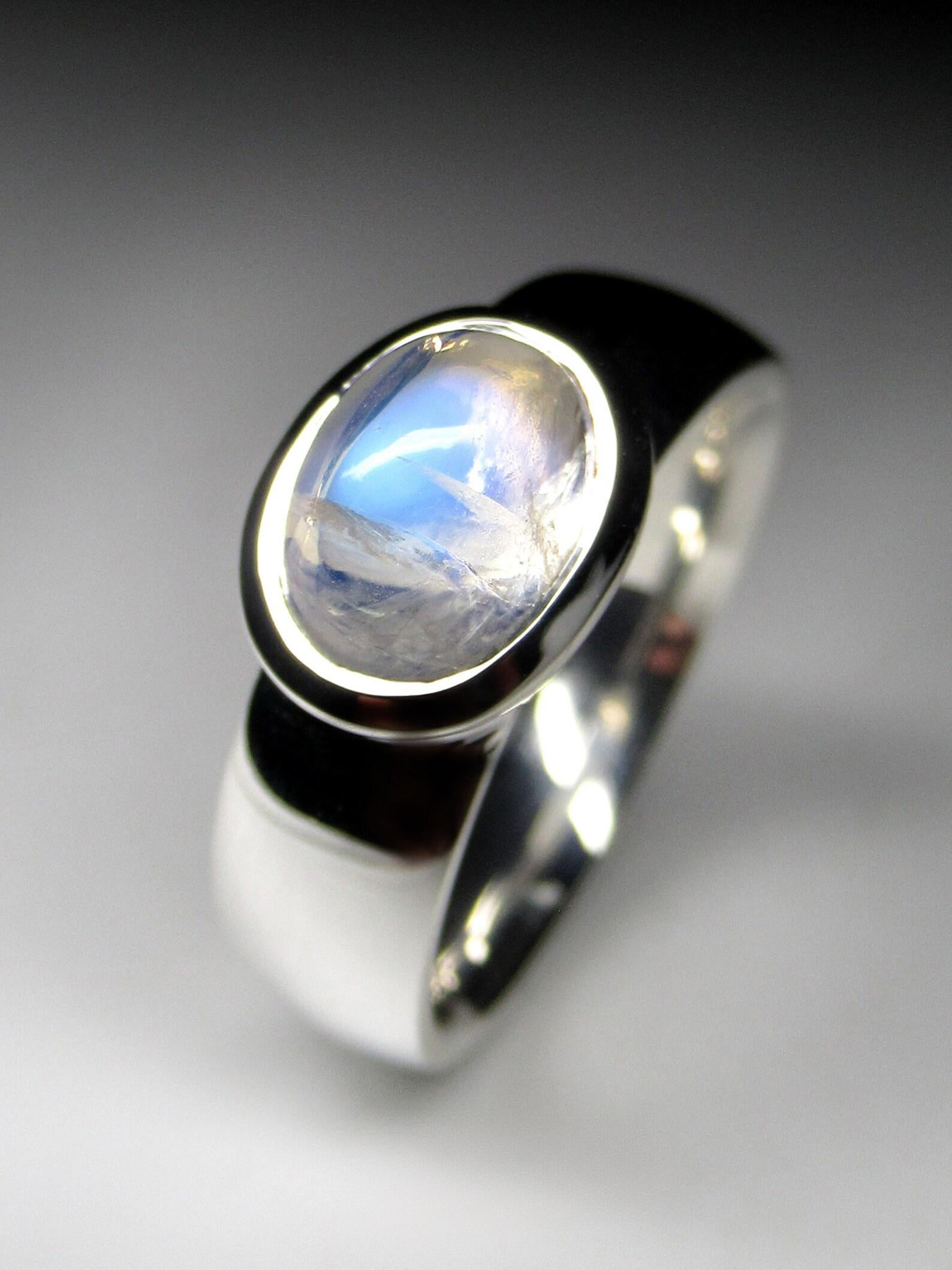 Moonstone Silver Ring Blue Rainbow Adularia Gemstone Unisex Jewelry  For Sale 3