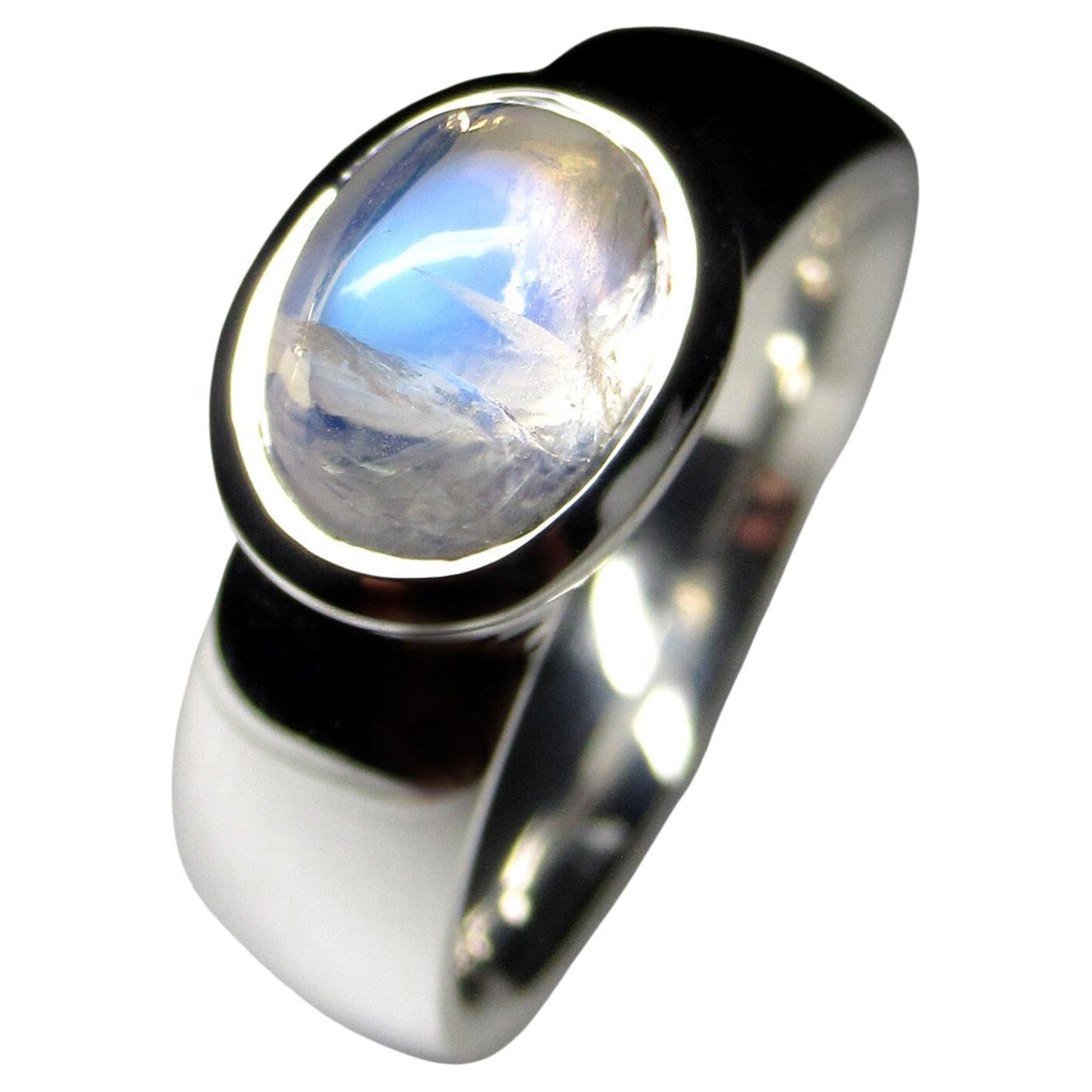 Moonstone Silver Ring Blue Rainbow Adularia Gemstone Unisex Jewelry  For Sale