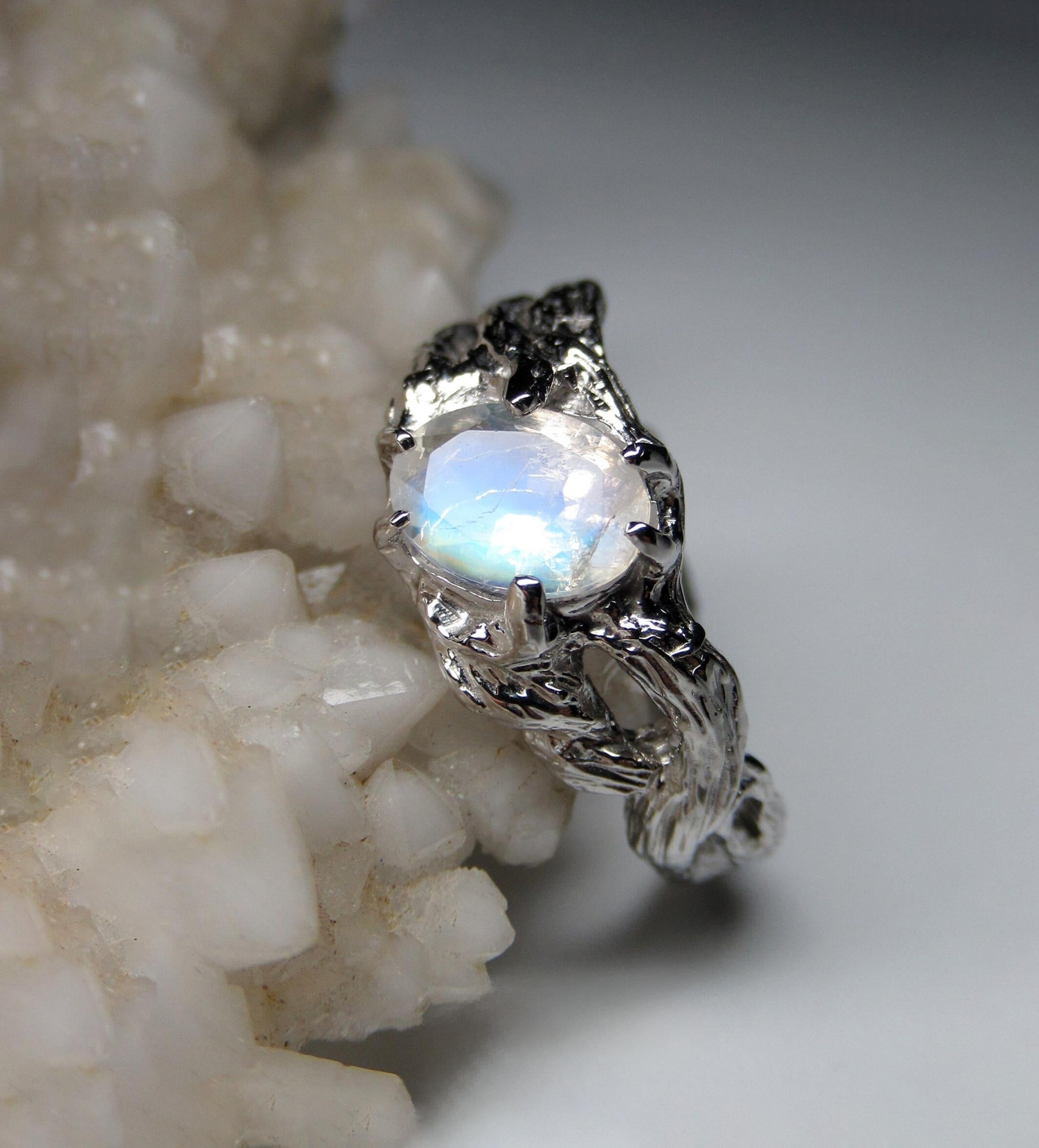 Artist Moonstone Silver Ring Natural Gemstone Unisex Jewelry LOTR Style For Sale
