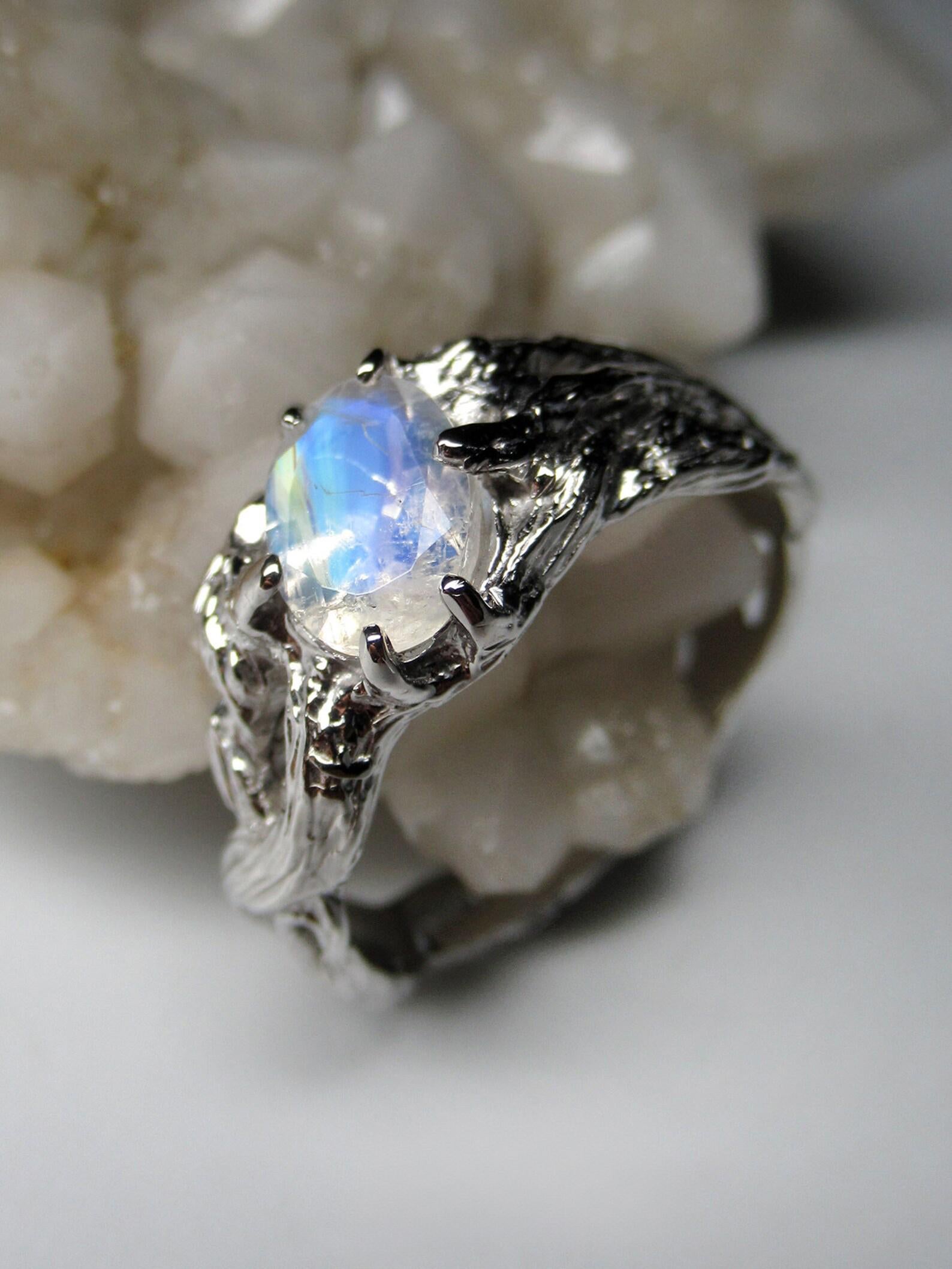 Oval Cut Moonstone Silver Ring Natural Gemstone Unisex Jewelry LOTR Style For Sale