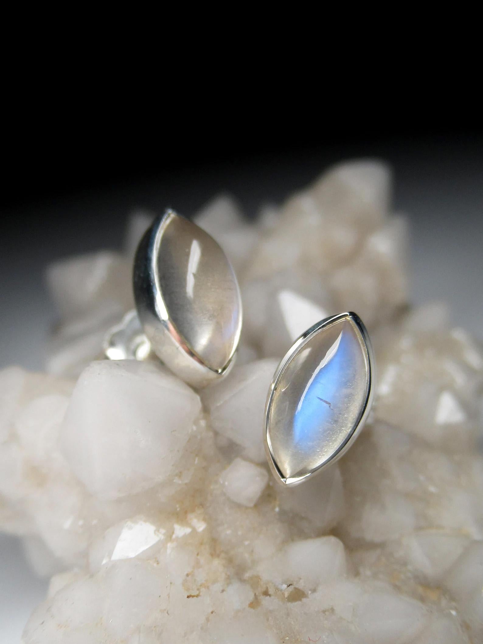Marquise Cut Moonstone Silver Stud Earrings Natural Fine Quality Adularia Gemstone For Sale
