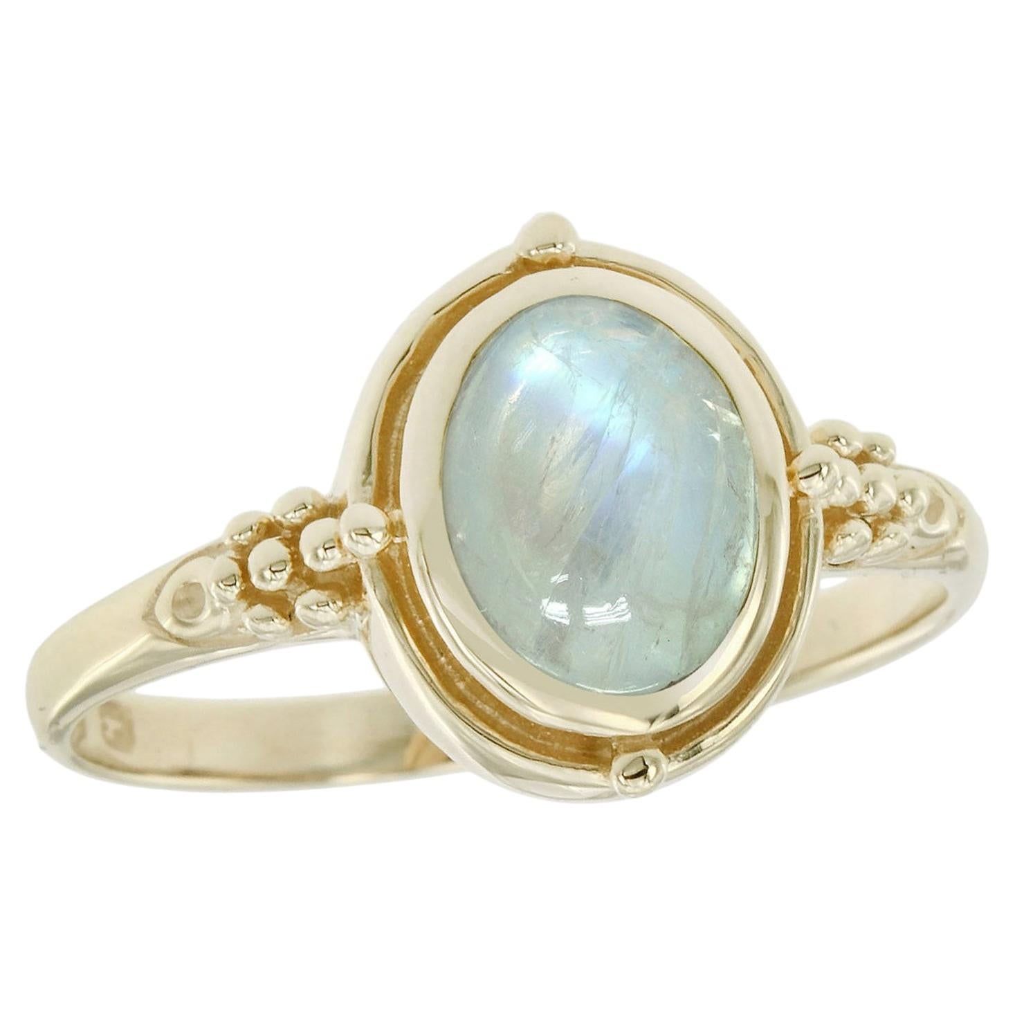 Moonstone Solitaire Ring with Victorian Beaded Design in 9K Yellow Gold