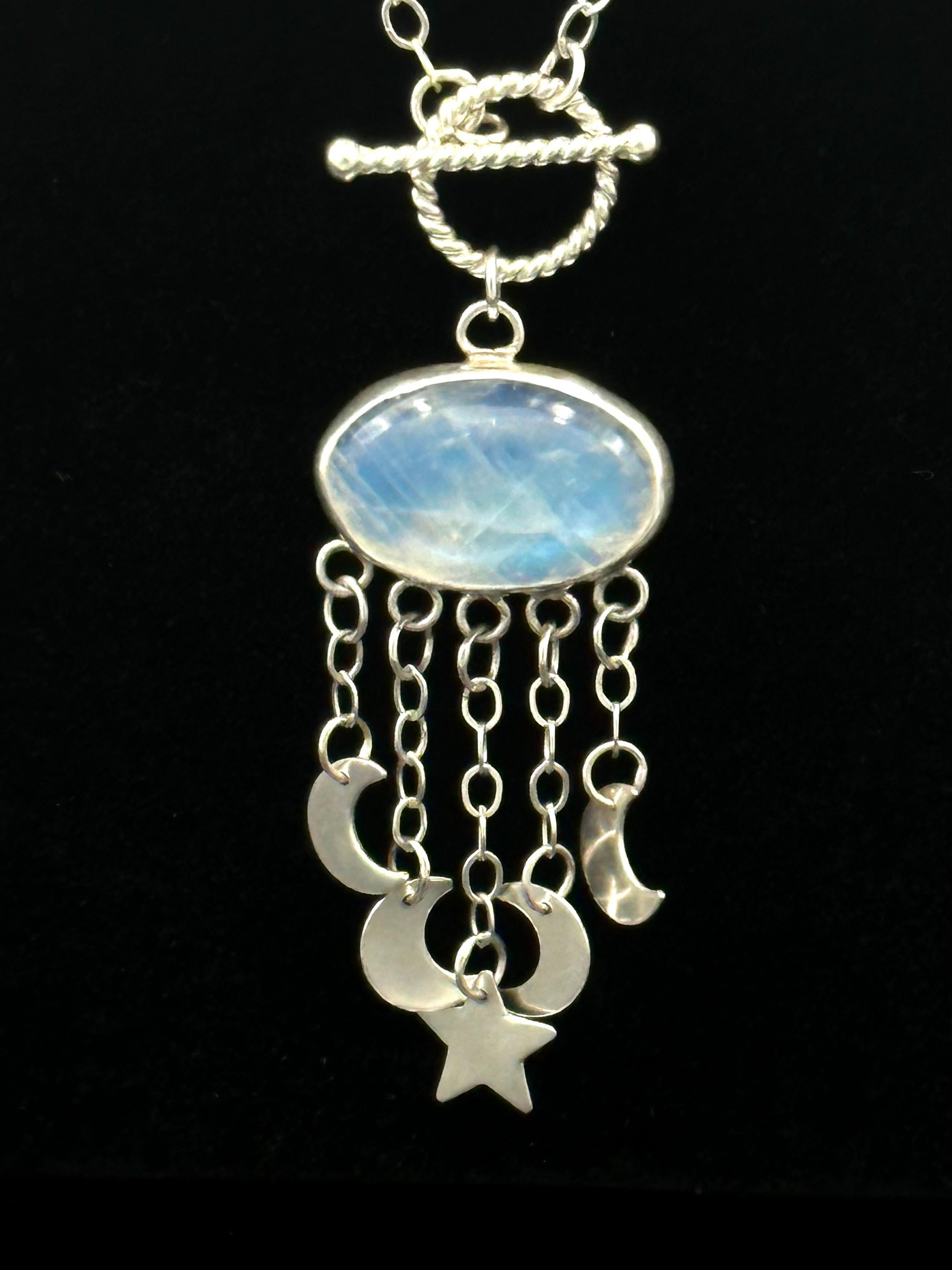 Modern Moonstone Star & Moon long necklace For Sale