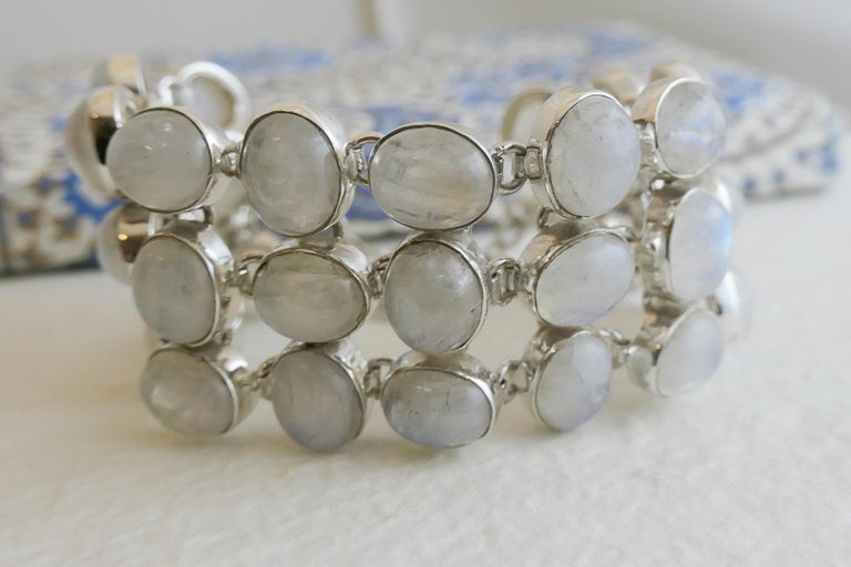 Bracelet Manchette Ajustable En Argent 925 - Pierre De Lune Arc-en-ciel Et Citrine - Fait Main En Inde - Neuf