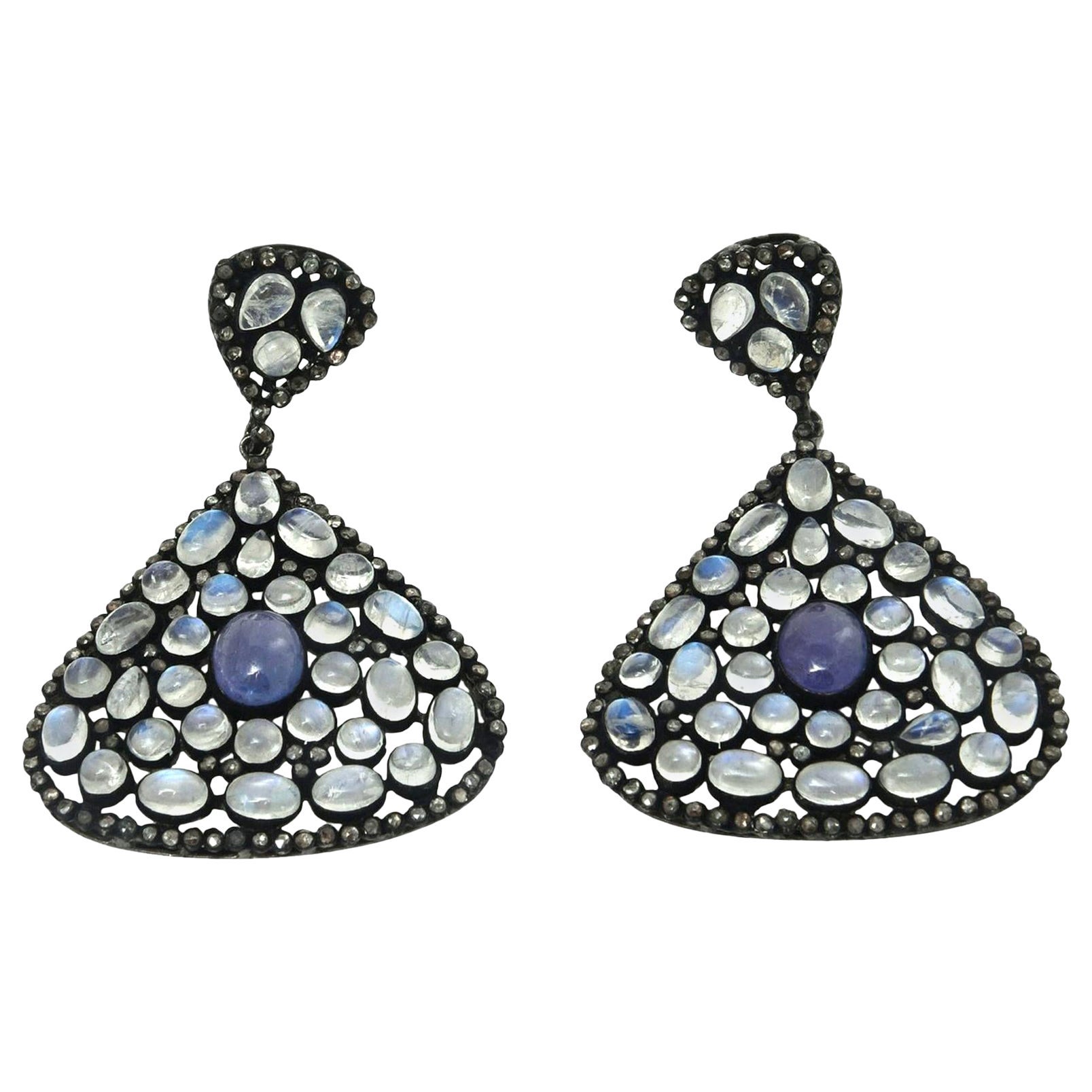 Boucles d'oreilles percées en pierre de lune, tanzanite et diamant noir, bleu et violet