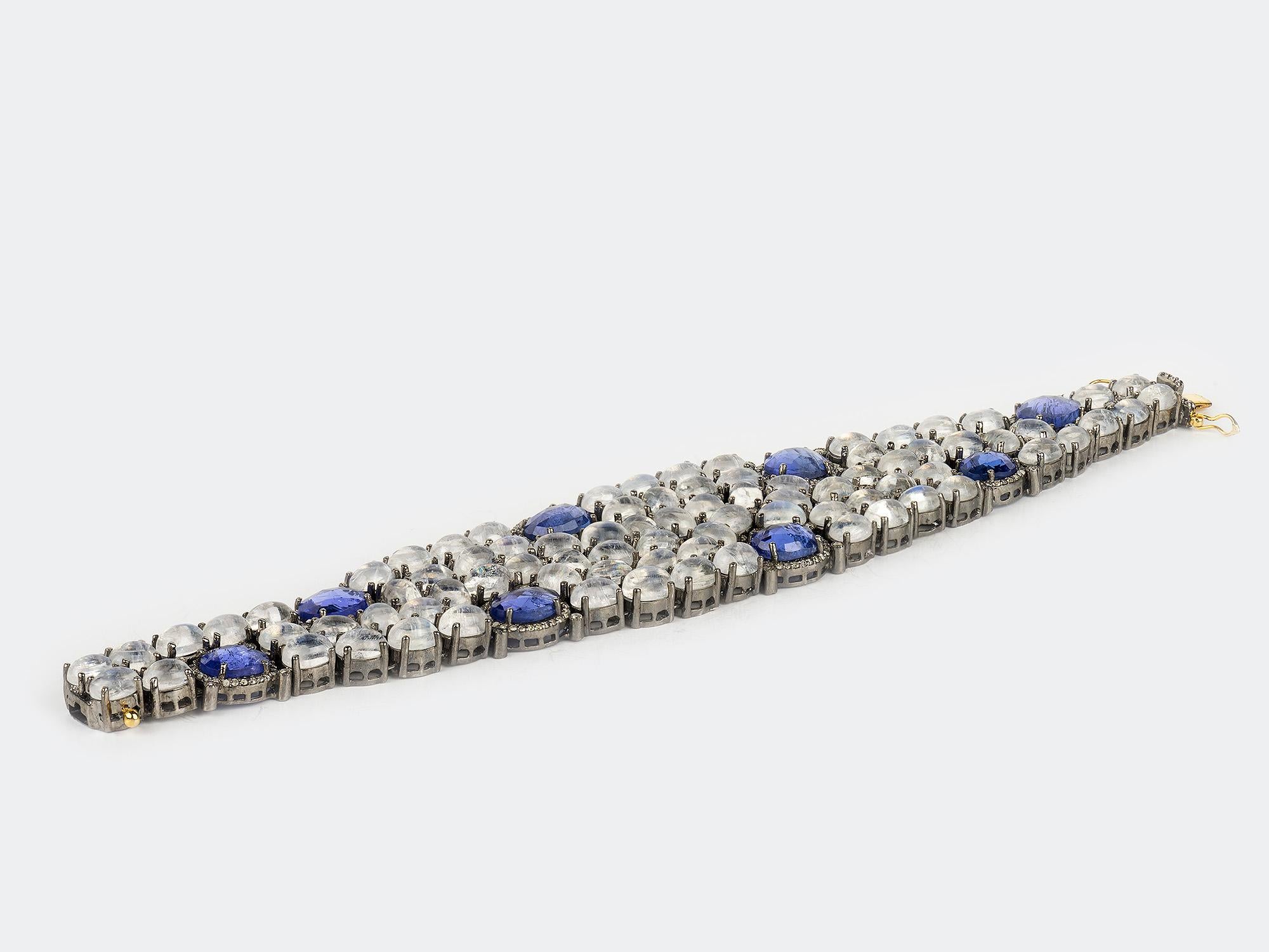 Moonstone Tanzanite and Diamond Bracelet In Excellent Condition In San Antonio, TX