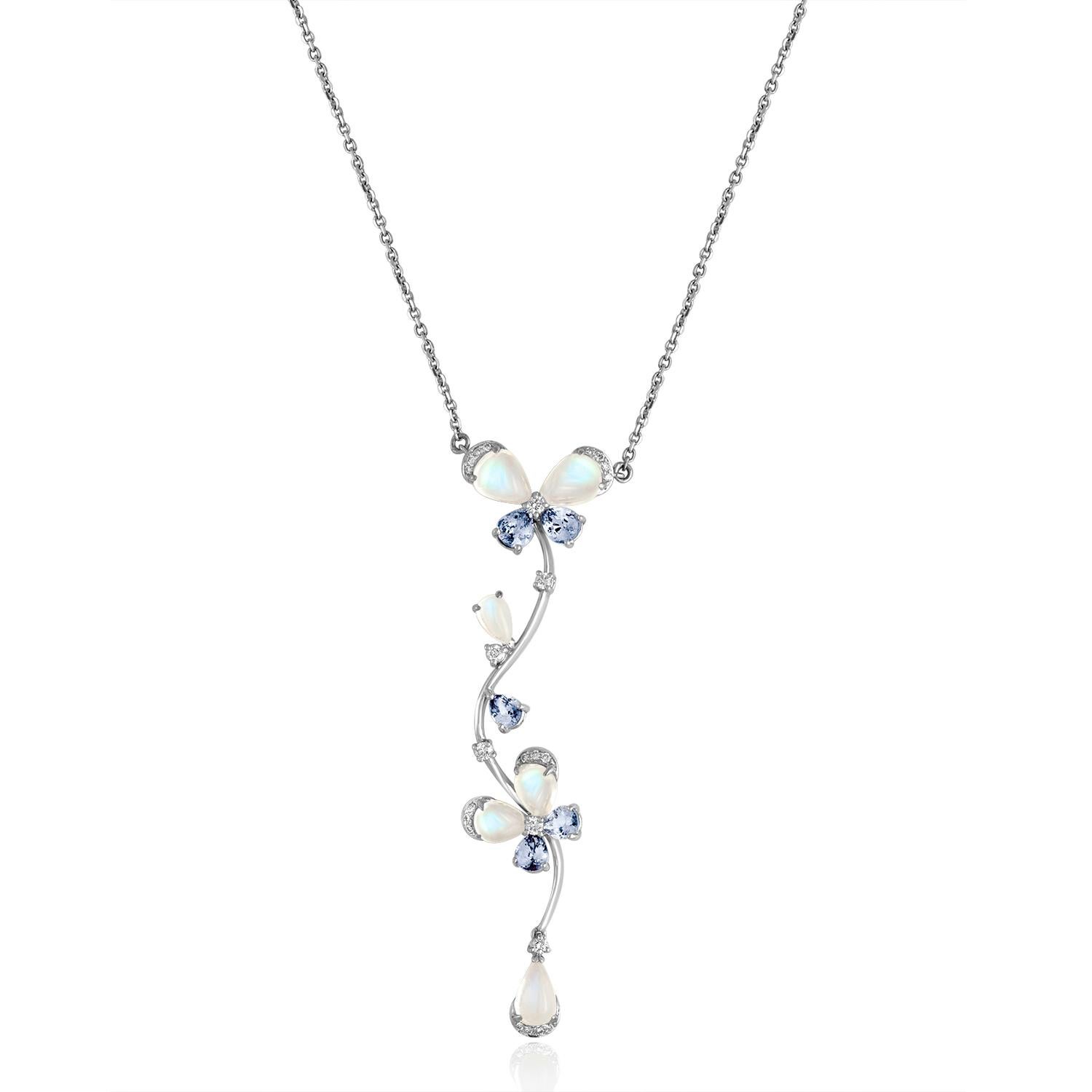 Pear Cut Moonstone Tanzanite Diamond Gold Flower Design Necklace