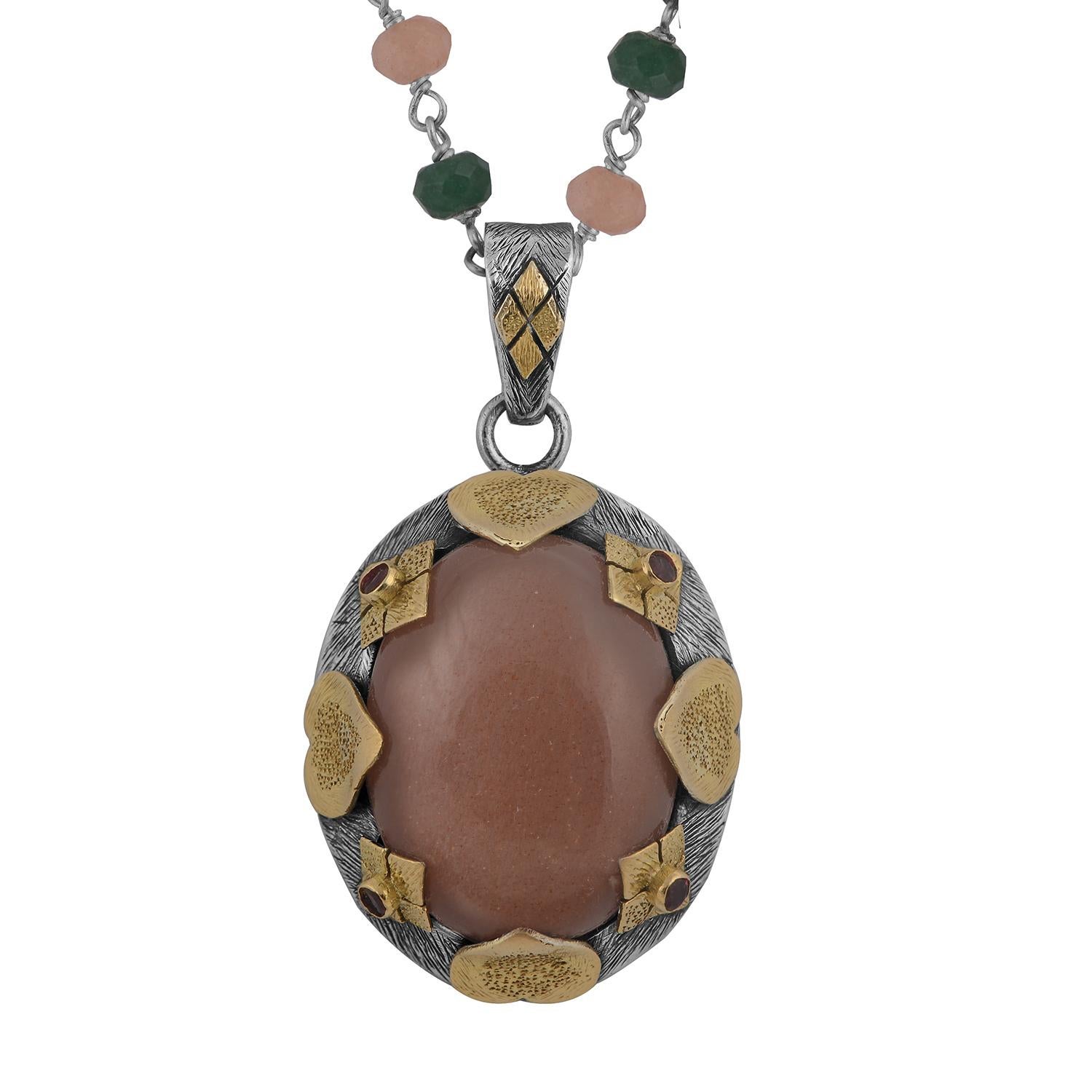 Cabochon Moonstone Tourmaline 18k Gold Silver Pendant