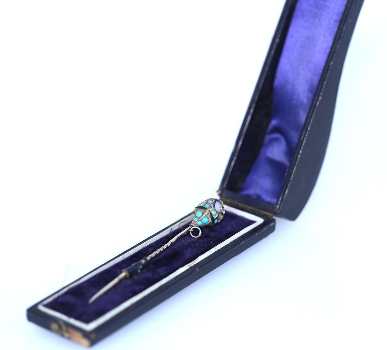 Moonstone Turquoise Pin Brooch Original Box, 1890 For Sale 1