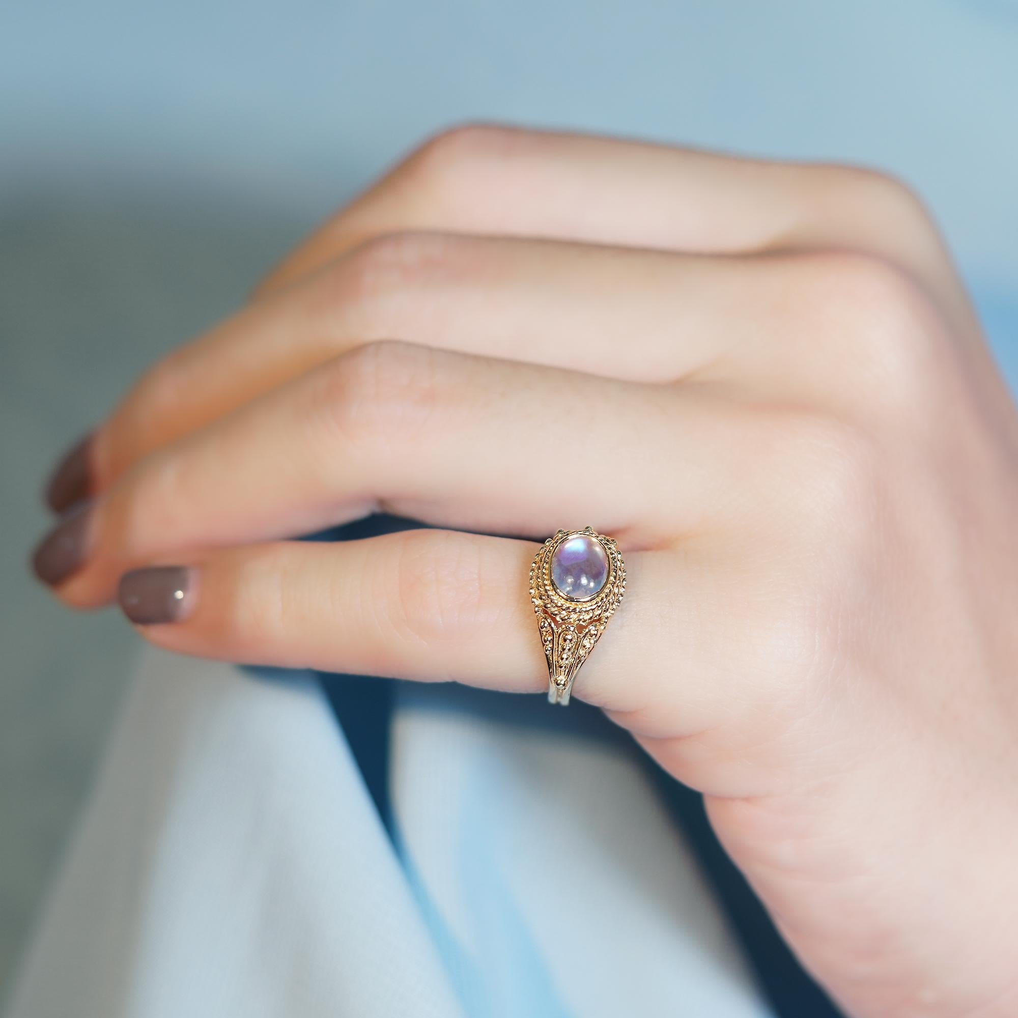 Moonstone Vintage Style Filigree Ring in Solid 9K Yellow Gold For Sale 4
