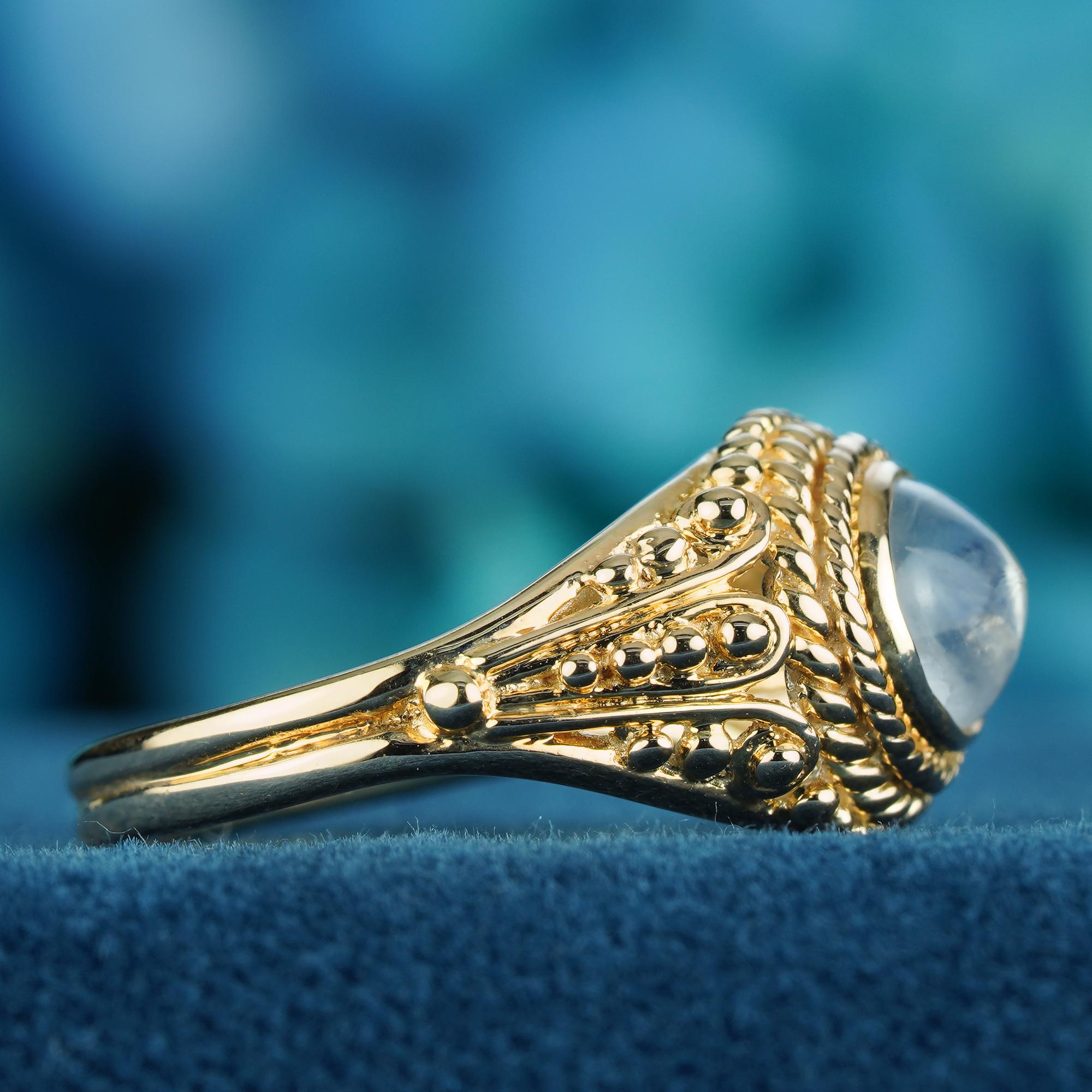 Edwardian Moonstone Vintage Style Filigree Ring in Solid 9K Yellow Gold For Sale