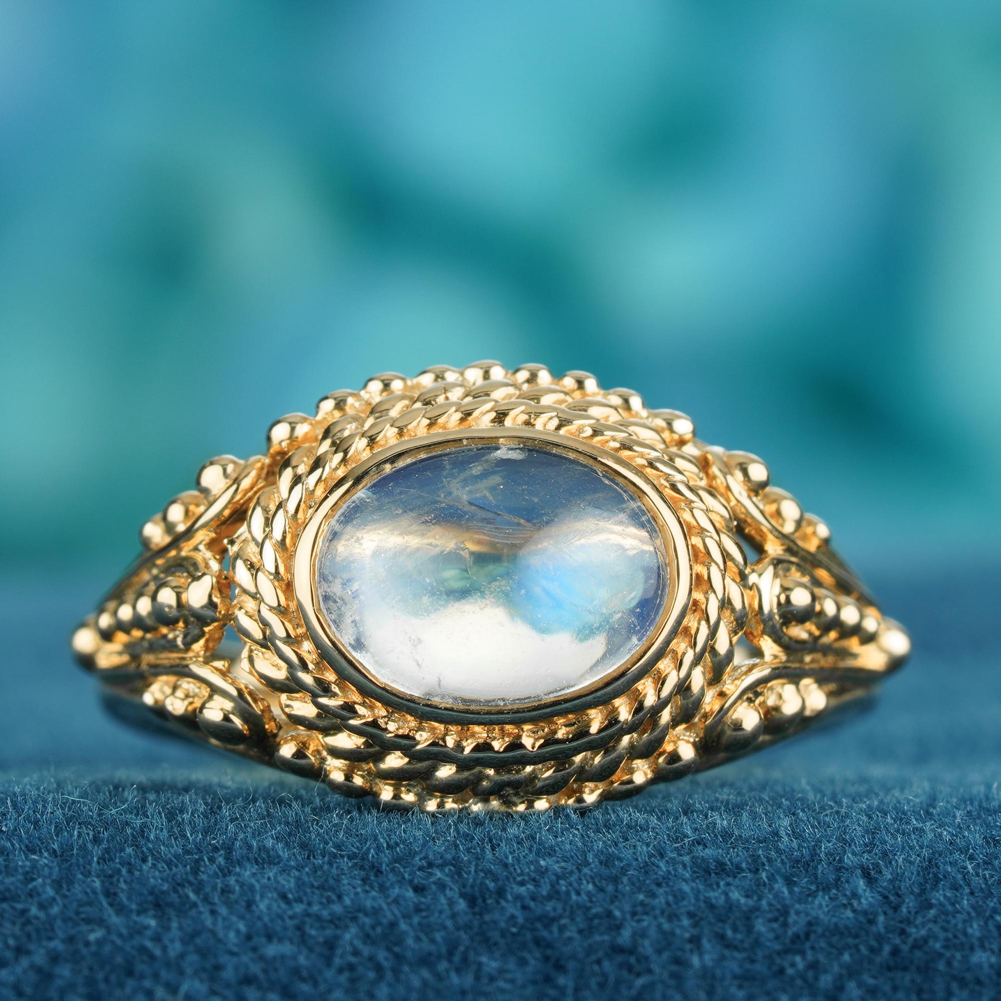 Women's Moonstone Vintage Style Filigree Ring in Solid 9K Yellow Gold For Sale