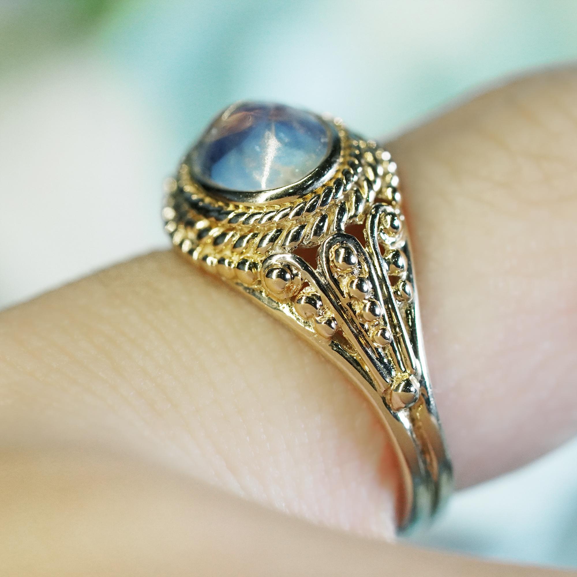 Moonstone Vintage Style Filigree Ring in Solid 9K Yellow Gold For Sale 2