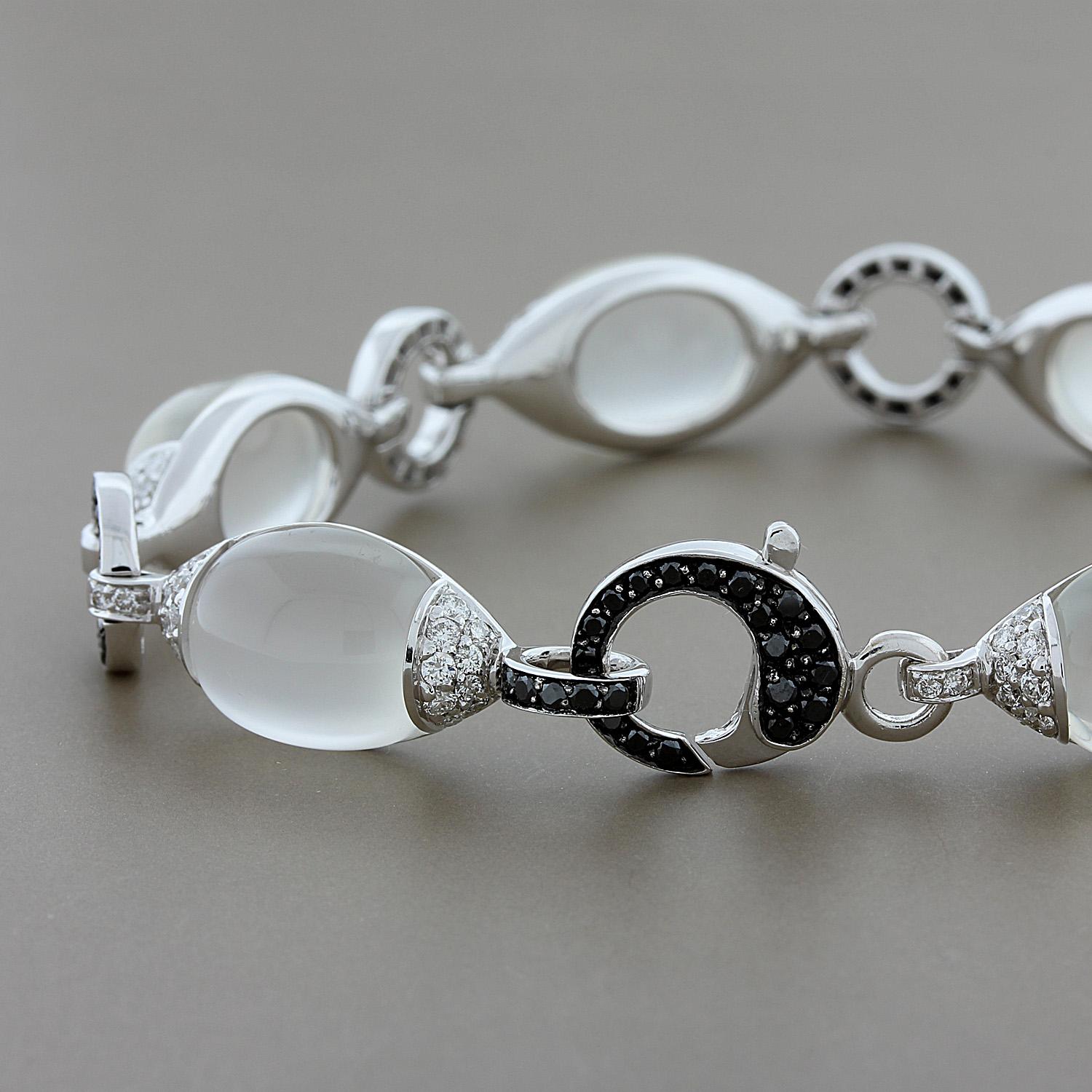 Moonstone White Black Diamond Gold Bracelet In New Condition For Sale In Beverly Hills, CA