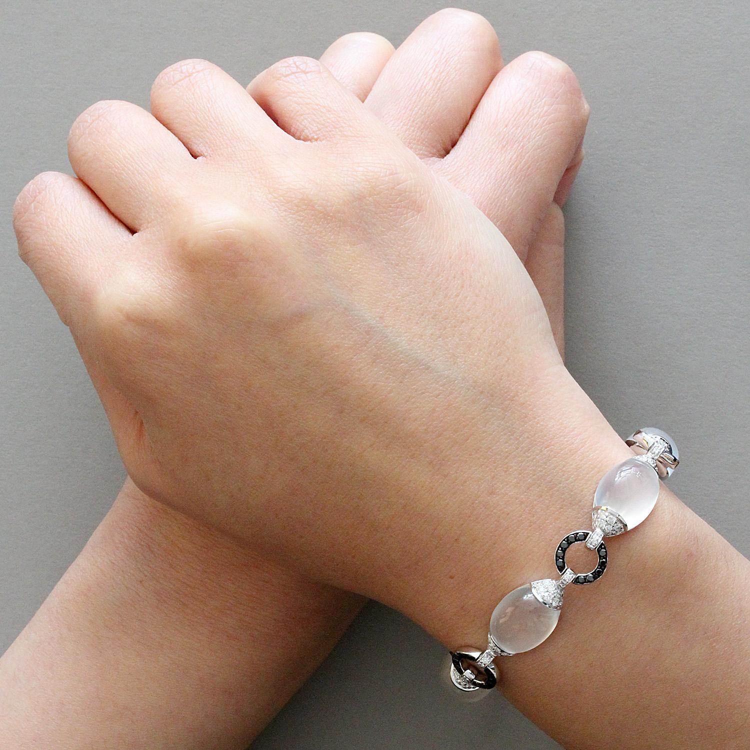 Women's Moonstone White Black Diamond Gold Bracelet