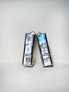 Moonstone White Gold Earrings Baguette Cut Geometric Unisex Minimalism Clear Gem