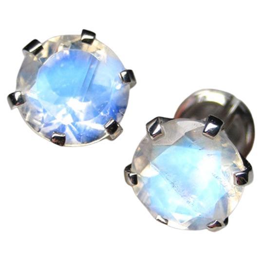 Moonstone White Gold Earrings Clear Round Cut Gem Unisex For Sale