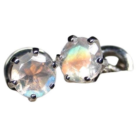Moonstone White Gold Earrings Round Cut Rainbow Shimmer Clear Gem Minimalism