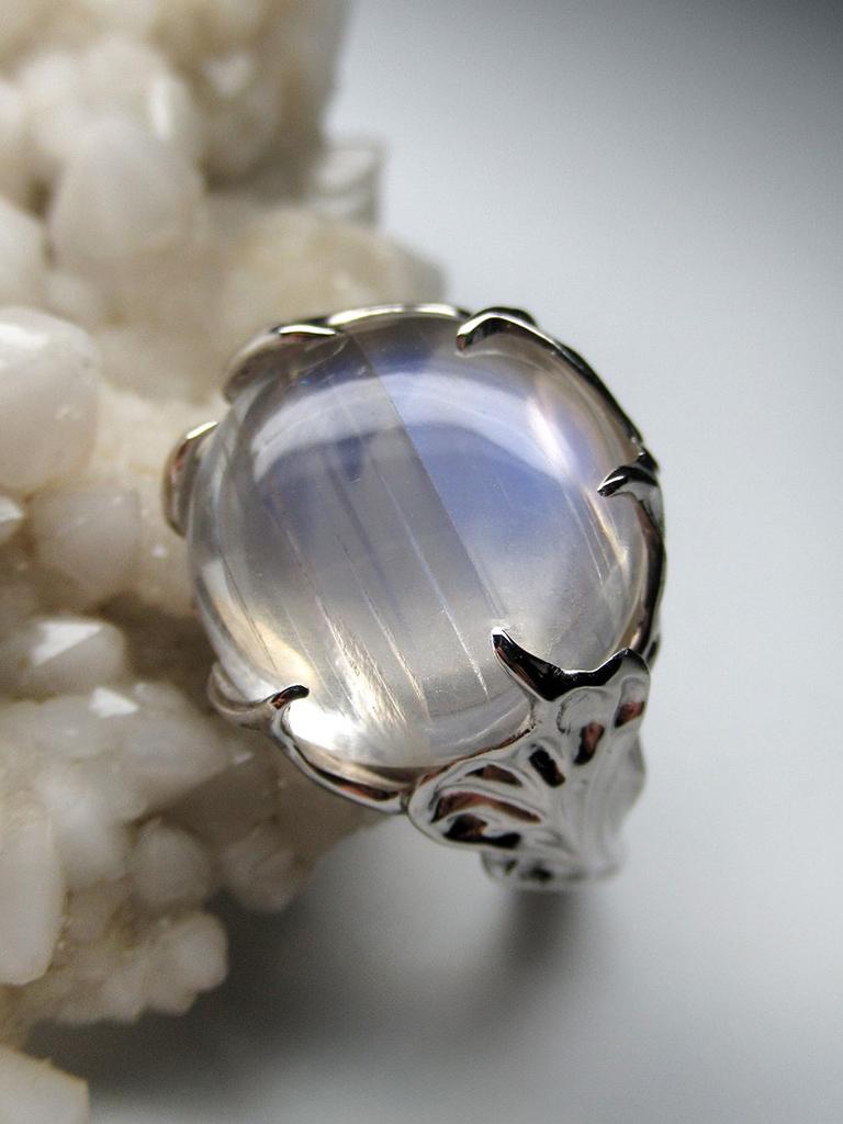 Moonstone White Gold Ring Clear Adularia Natural Burmese Gem For Sale 7