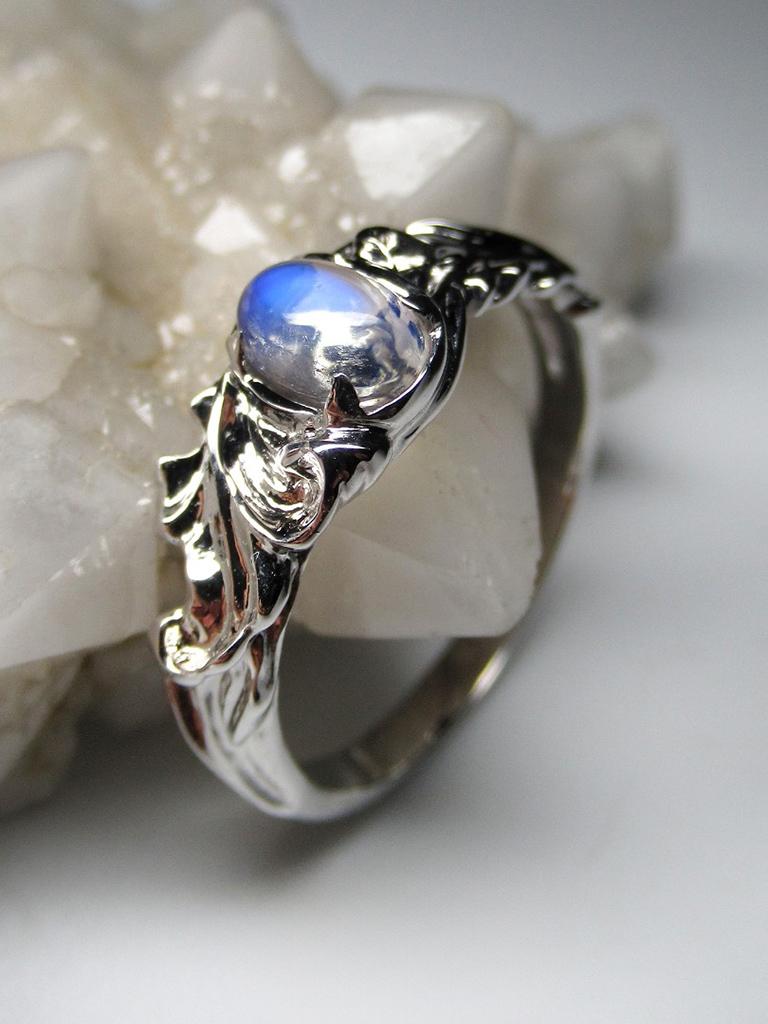 Moonstone White Gold Ring Oval Cabochon Gem LGBTQ Engagement Art Nouveau Style For Sale 5