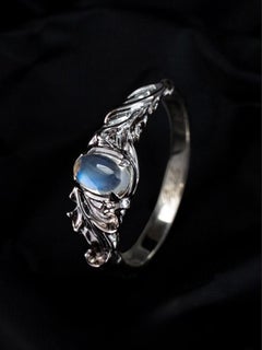 Moonstone White Gold Ring Oval Cabochon Gem LGBTQ Engagement Art Nouveau Style
