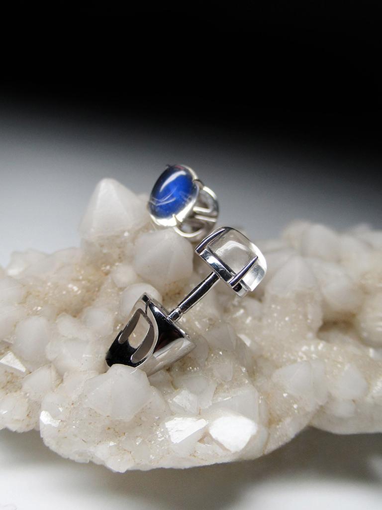 Cabochon Moonstone White Gold Stud Earrings Clear Deep Blue For Sale